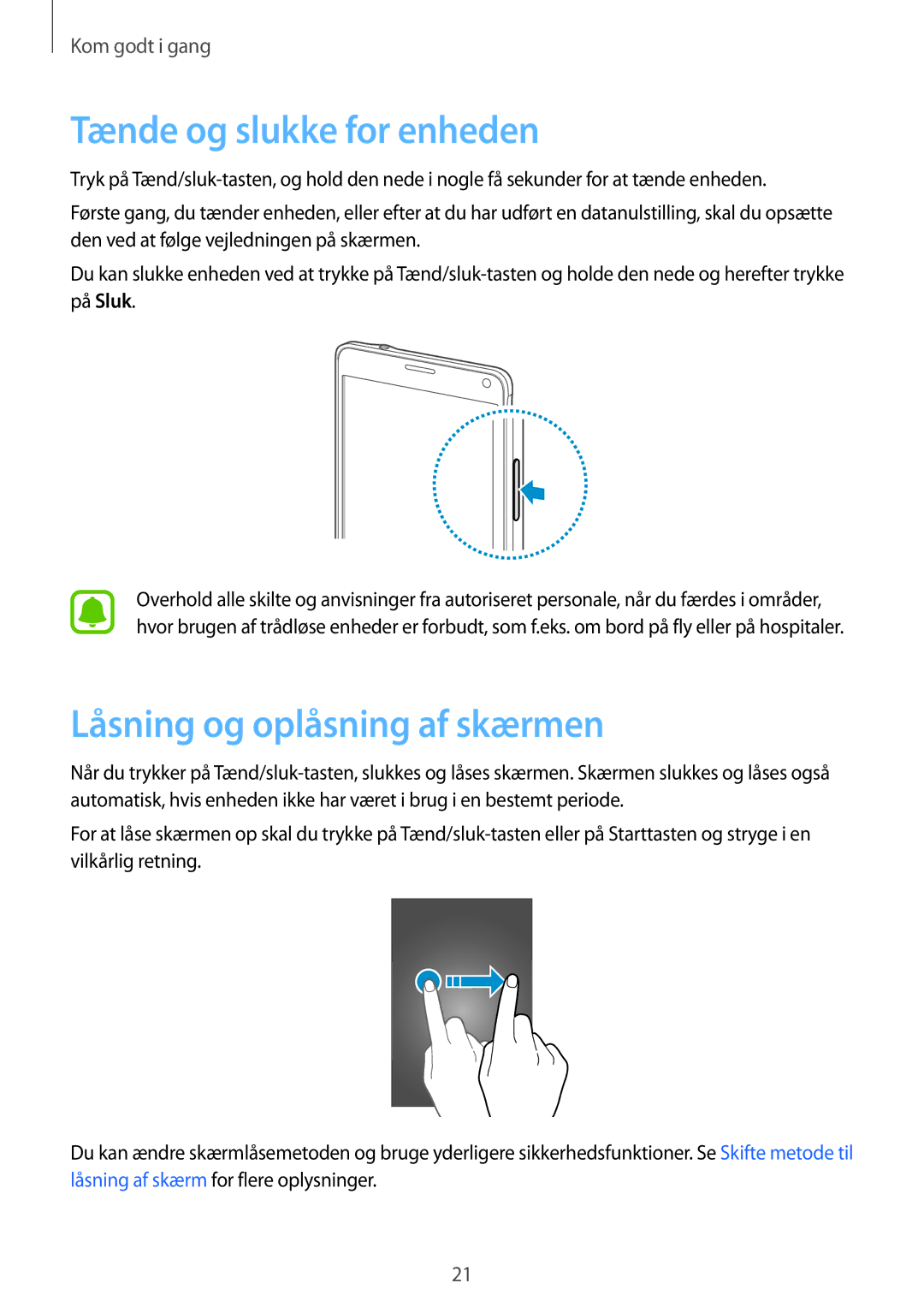 Samsung SM-N910FZDENEE, SM-N910FZWENEE, SM-N910FZIENEE manual Tænde og slukke for enheden, Låsning og oplåsning af skærmen 