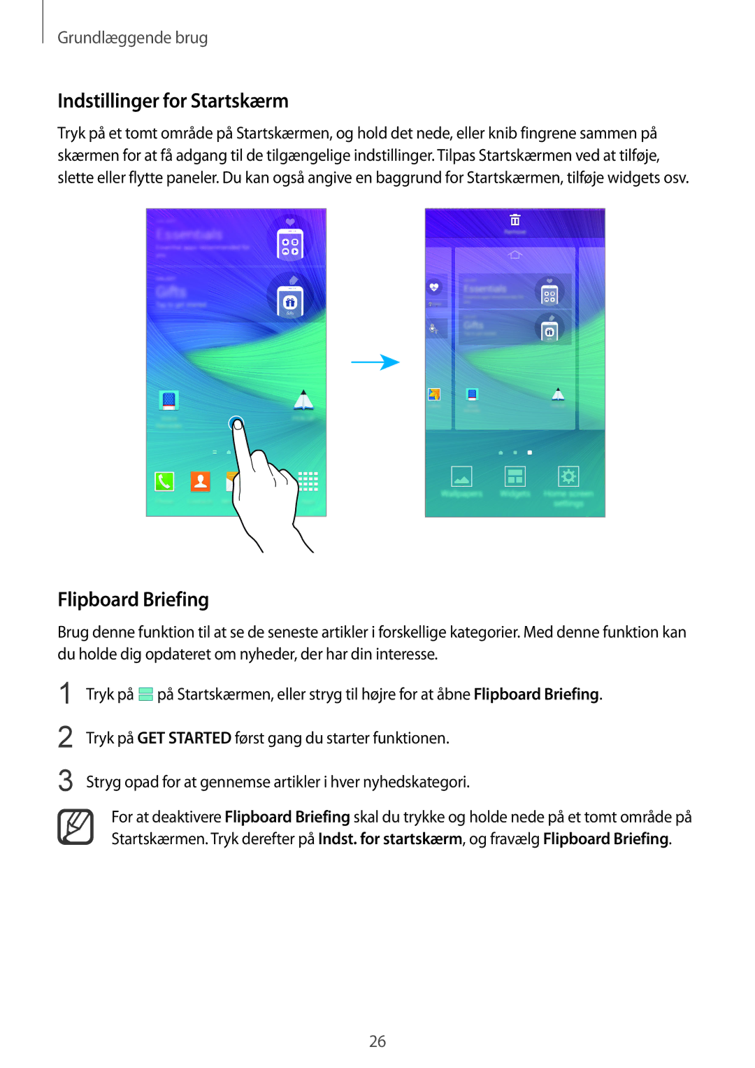 Samsung SM-N910FZIENEE, SM-N910FZWENEE, SM-N910FZDENEE, SM-N910FZKENEE manual Indstillinger for Startskærm, Flipboard Briefing 