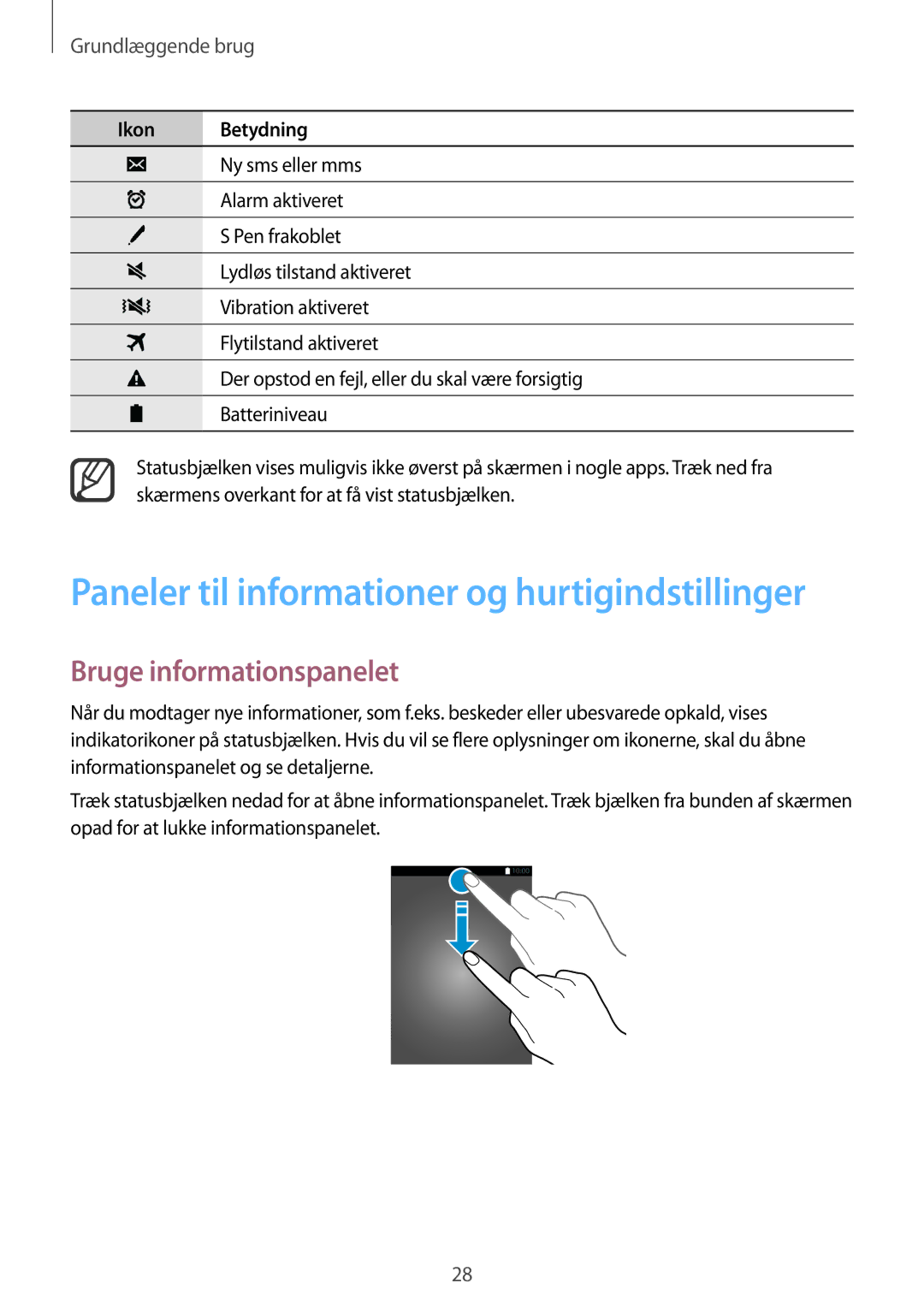 Samsung SM-N910FZWENEE, SM-N910FZDENEE manual Paneler til informationer og hurtigindstillinger, Bruge informationspanelet 