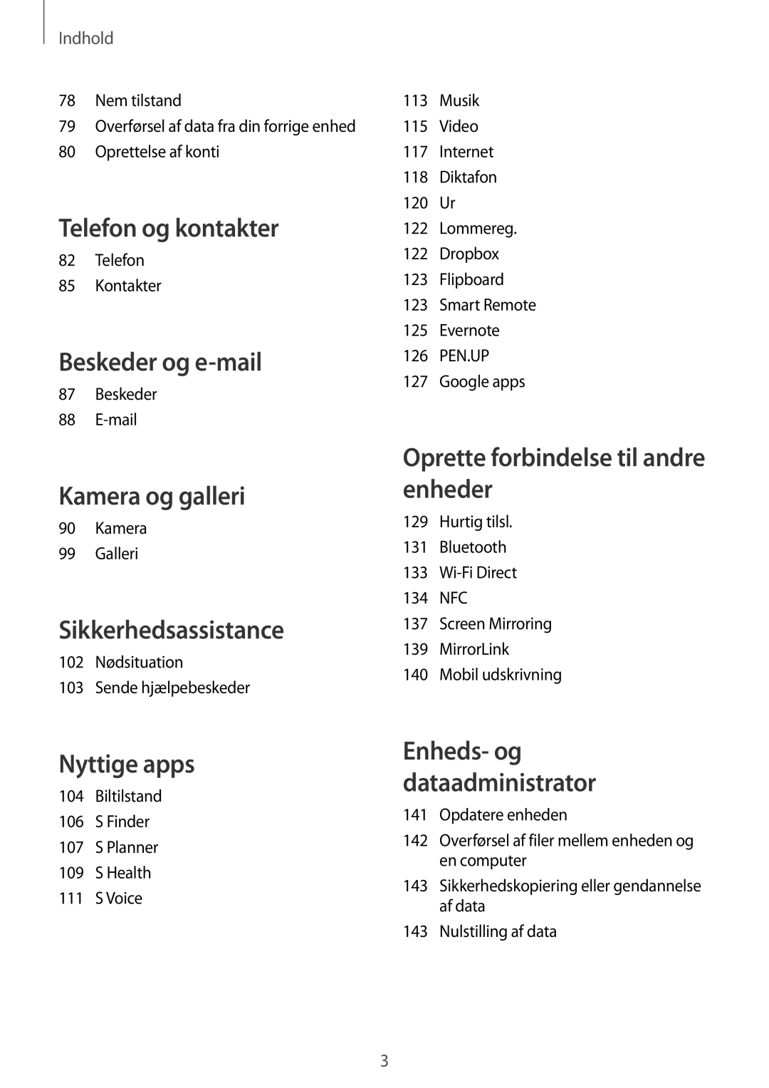 Samsung SM-N910FZKENEE manual Telefon Kontakter, Beskeder Mail, Kamera Galleri, 102 Nødsituation Sende hjælpebeskeder 