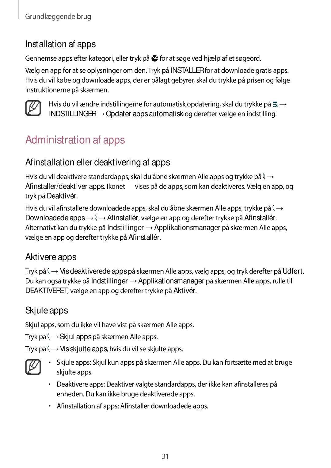 Samsung SM-N910FZKENEE manual Administration af apps, Afinstallation eller deaktivering af apps, Aktivere apps, Skjule apps 