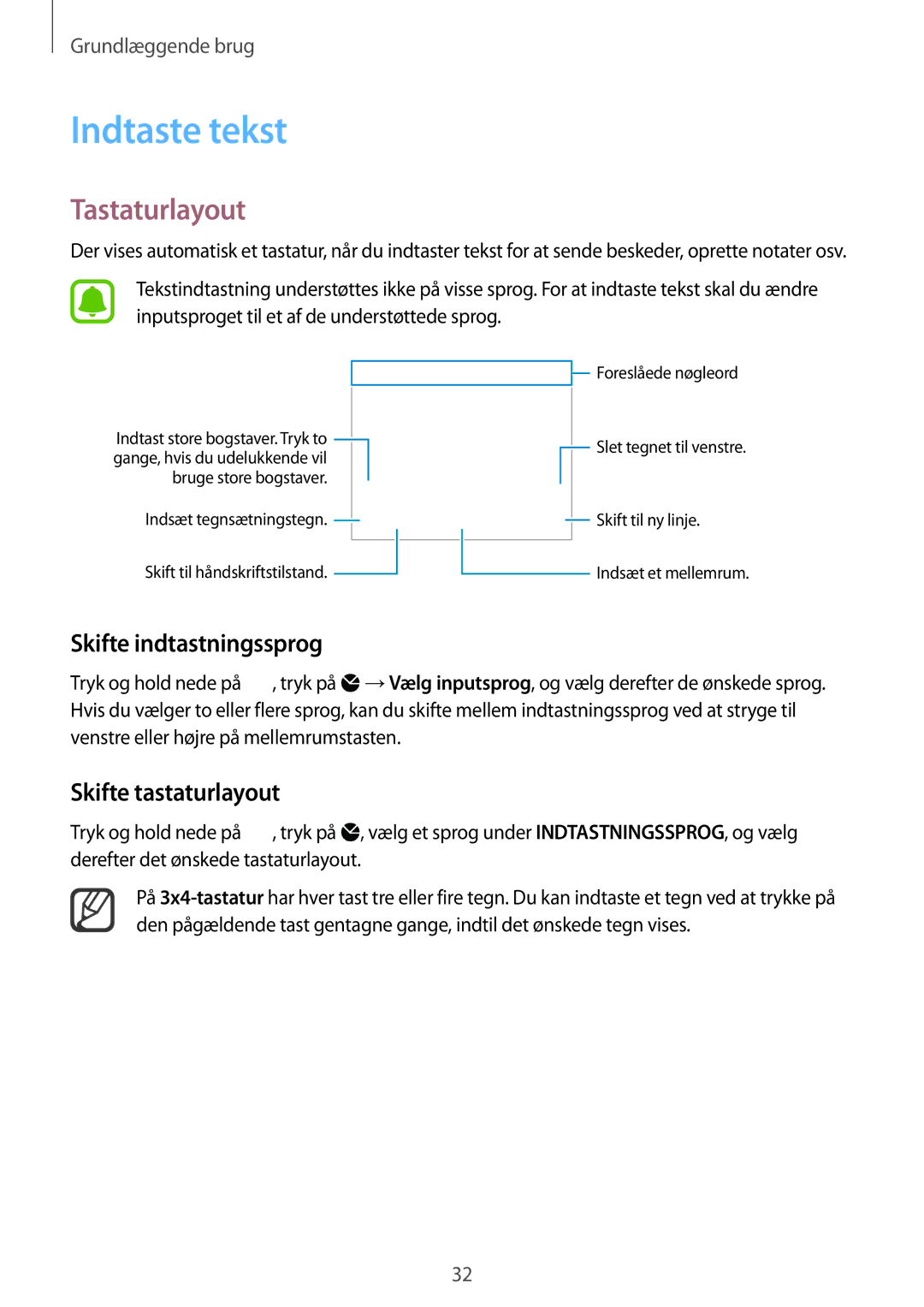 Samsung SM-N910FZWENEE, SM-N910FZDENEE Indtaste tekst, Tastaturlayout, Skifte indtastningssprog, Skifte tastaturlayout 