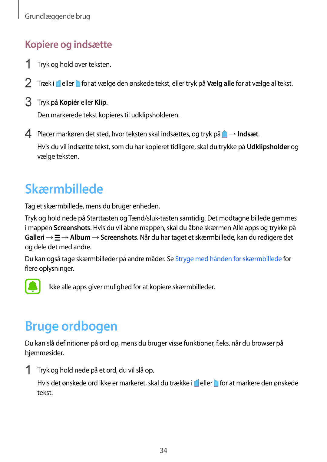 Samsung SM-N910FZIENEE, SM-N910FZWENEE manual Skærmbillede, Bruge ordbogen, Kopiere og indsætte, Tryk og hold over teksten 