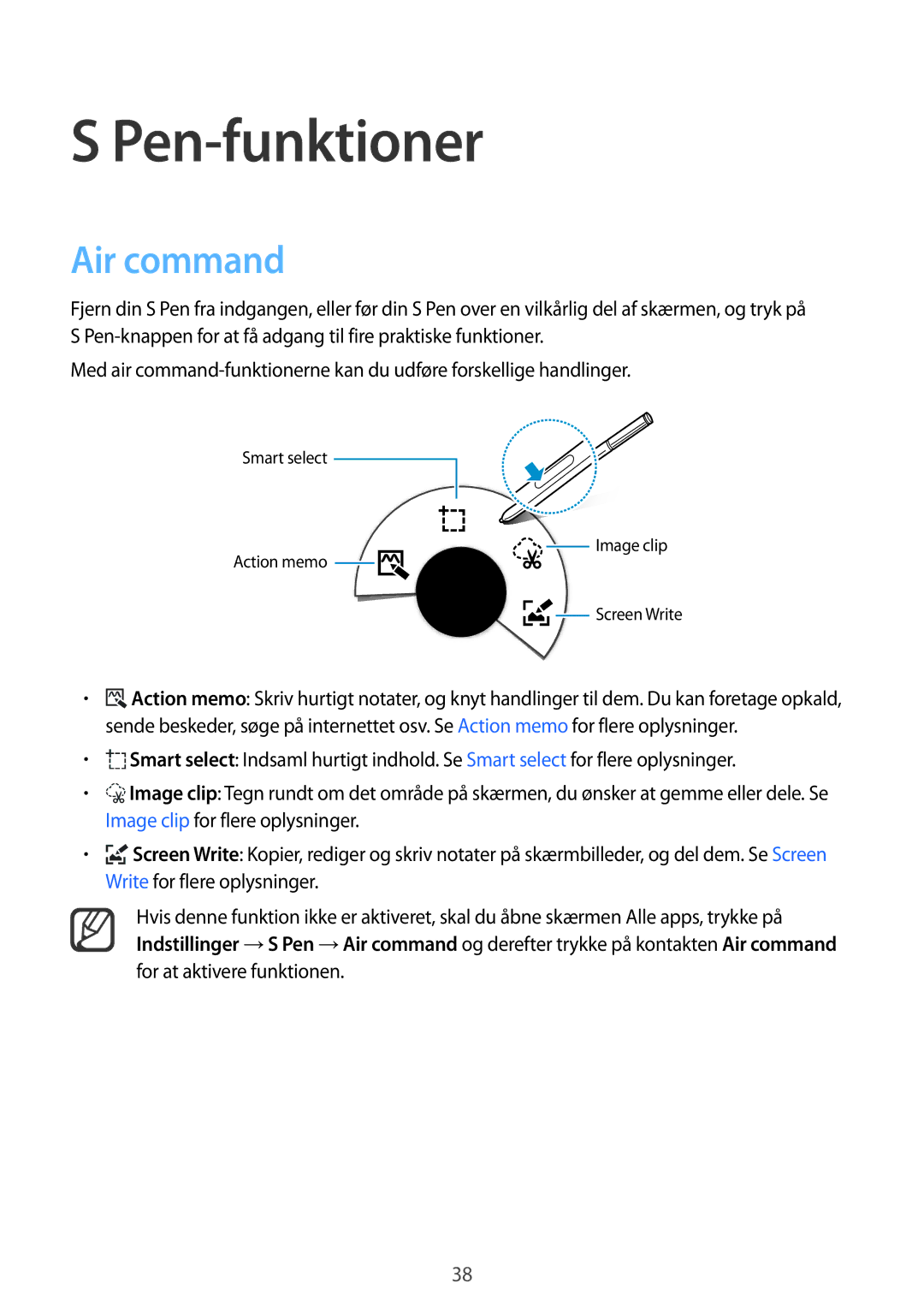 Samsung SM-N910FZIENEE, SM-N910FZWENEE, SM-N910FZDENEE, SM-N910FZKENEE manual Pen-funktioner, Air command 