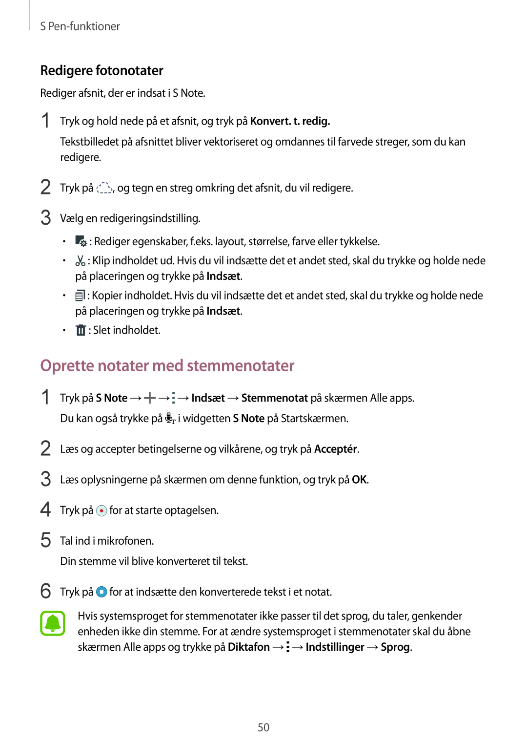 Samsung SM-N910FZIENEE, SM-N910FZWENEE, SM-N910FZDENEE manual Oprette notater med stemmenotater, Redigere fotonotater 
