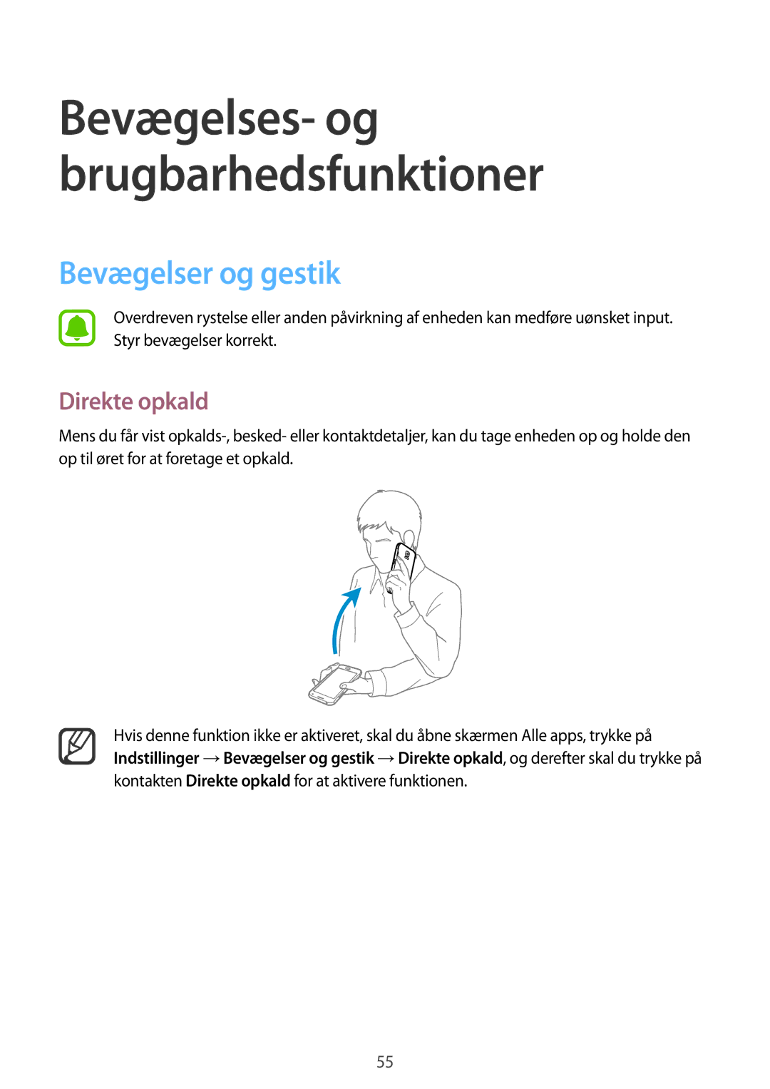 Samsung SM-N910FZKENEE, SM-N910FZWENEE, SM-N910FZDENEE, SM-N910FZIENEE manual Bevægelser og gestik, Direkte opkald 