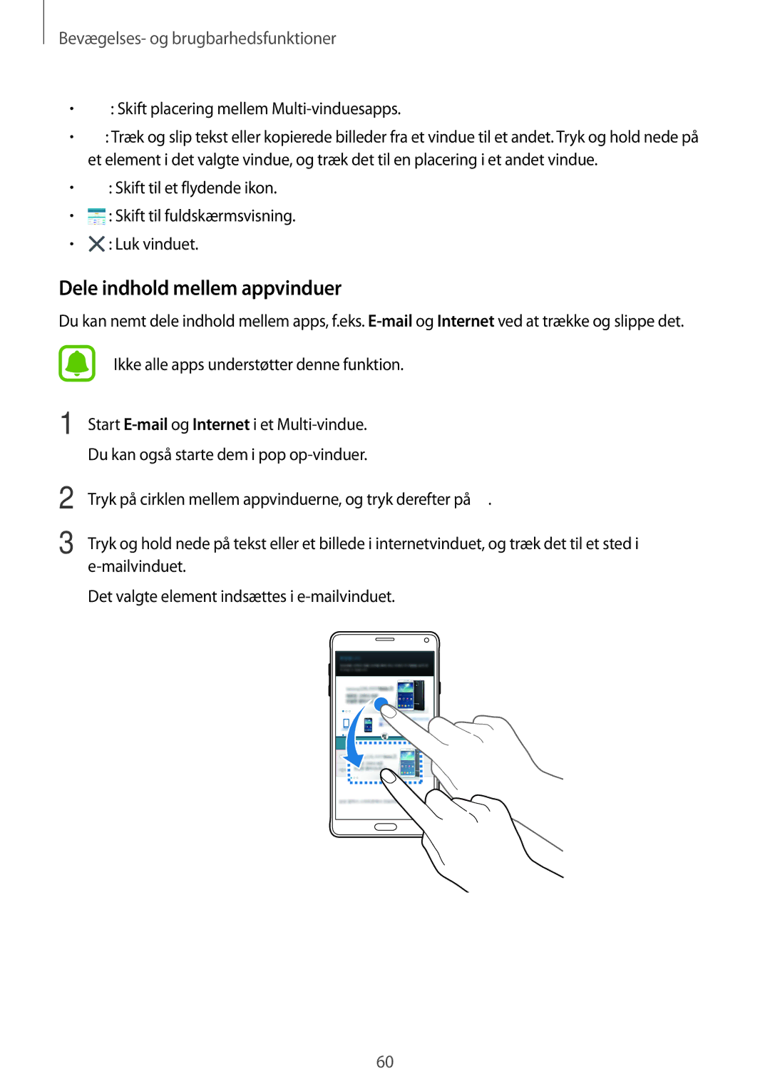 Samsung SM-N910FZWENEE, SM-N910FZDENEE manual Dele indhold mellem appvinduer, Skift placering mellem Multi-vinduesapps 