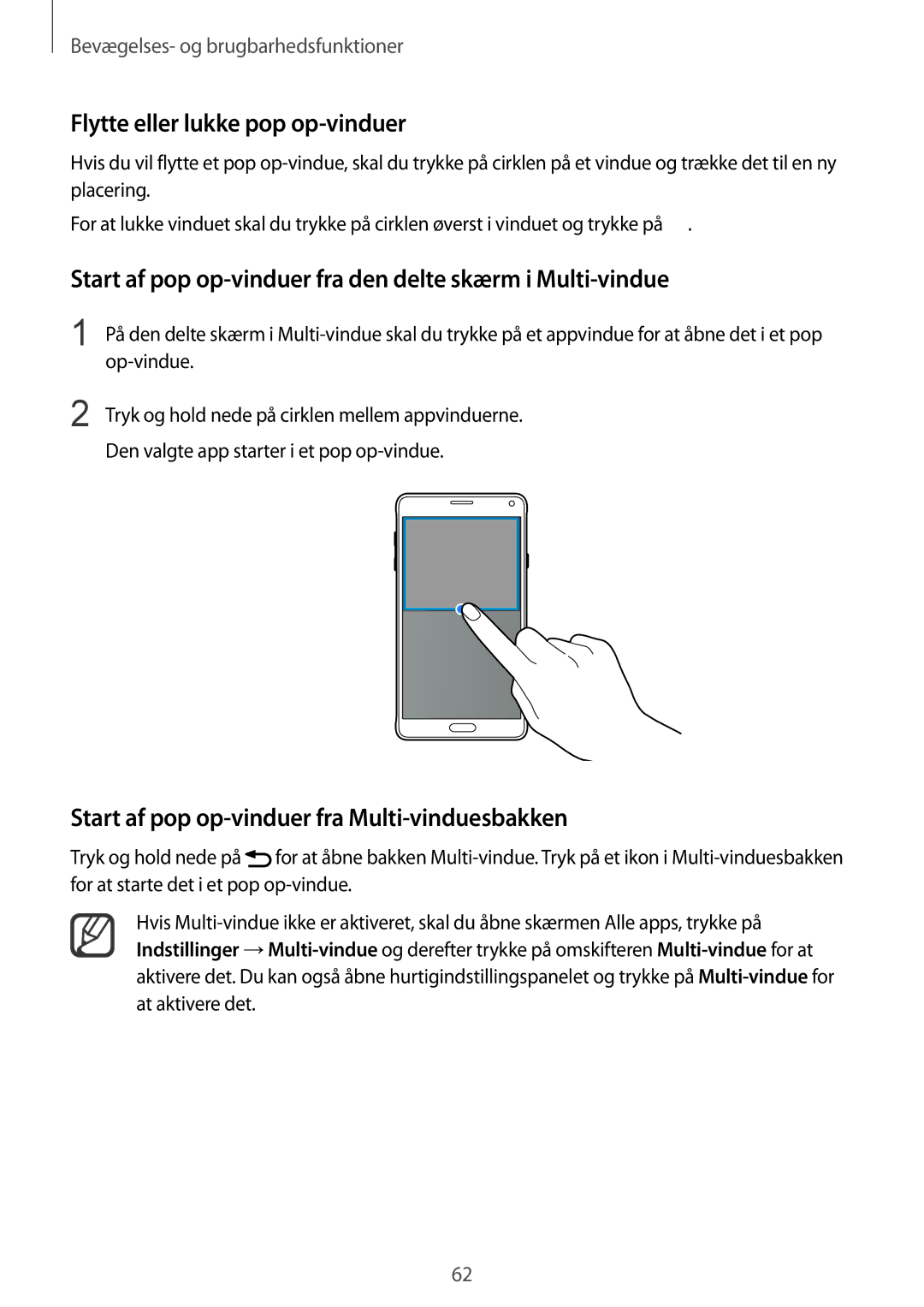 Samsung SM-N910FZIENEE manual Flytte eller lukke pop op-vinduer, Start af pop op-vinduer fra den delte skærm i Multi-vindue 