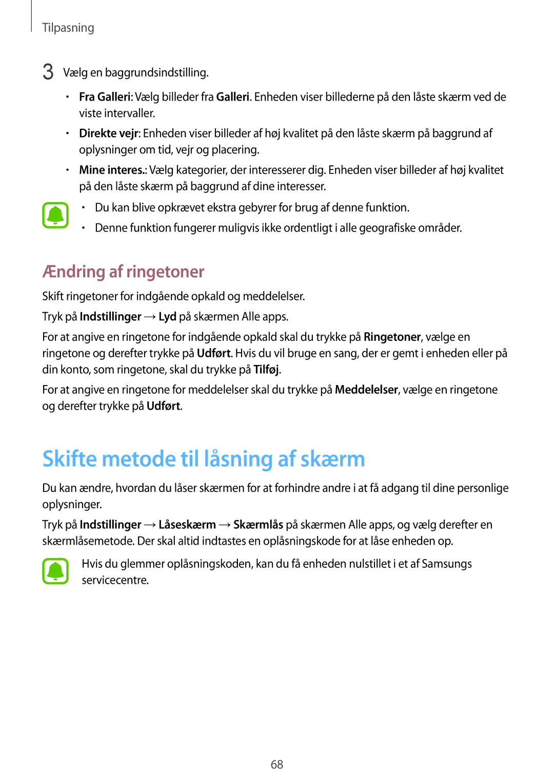 Samsung SM-N910FZWENEE, SM-N910FZDENEE, SM-N910FZIENEE manual Skifte metode til låsning af skærm, Ændring af ringetoner 