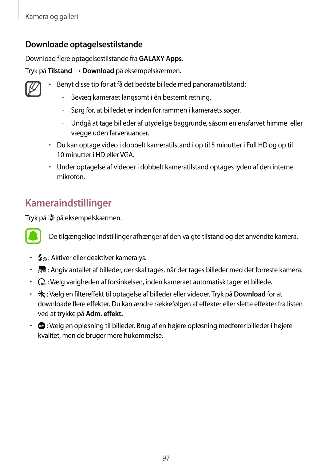 Samsung SM-N910FZDENEE, SM-N910FZWENEE, SM-N910FZIENEE, SM-N910FZKENEE Kameraindstillinger, Downloade optagelsestilstande 