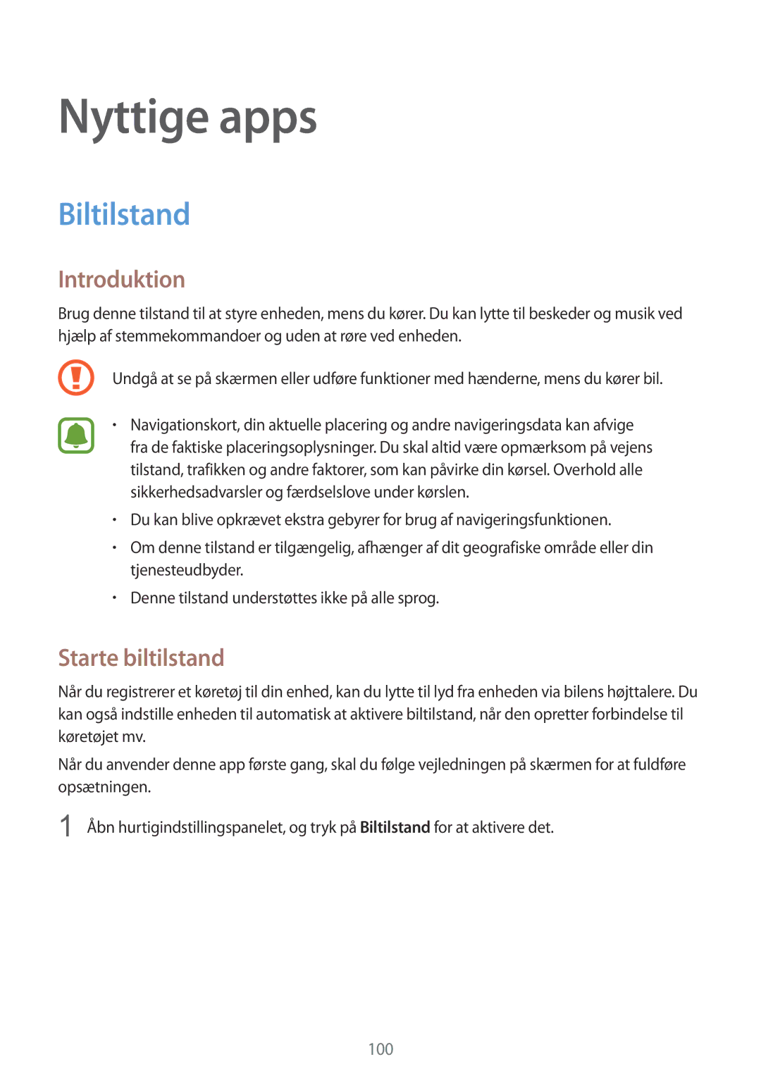 Samsung SM-N910FZWENEE, SM-N910FZDENEE, SM-N910FZIENEE, SM-N910FZKENEE manual Nyttige apps, Biltilstand, Starte biltilstand 