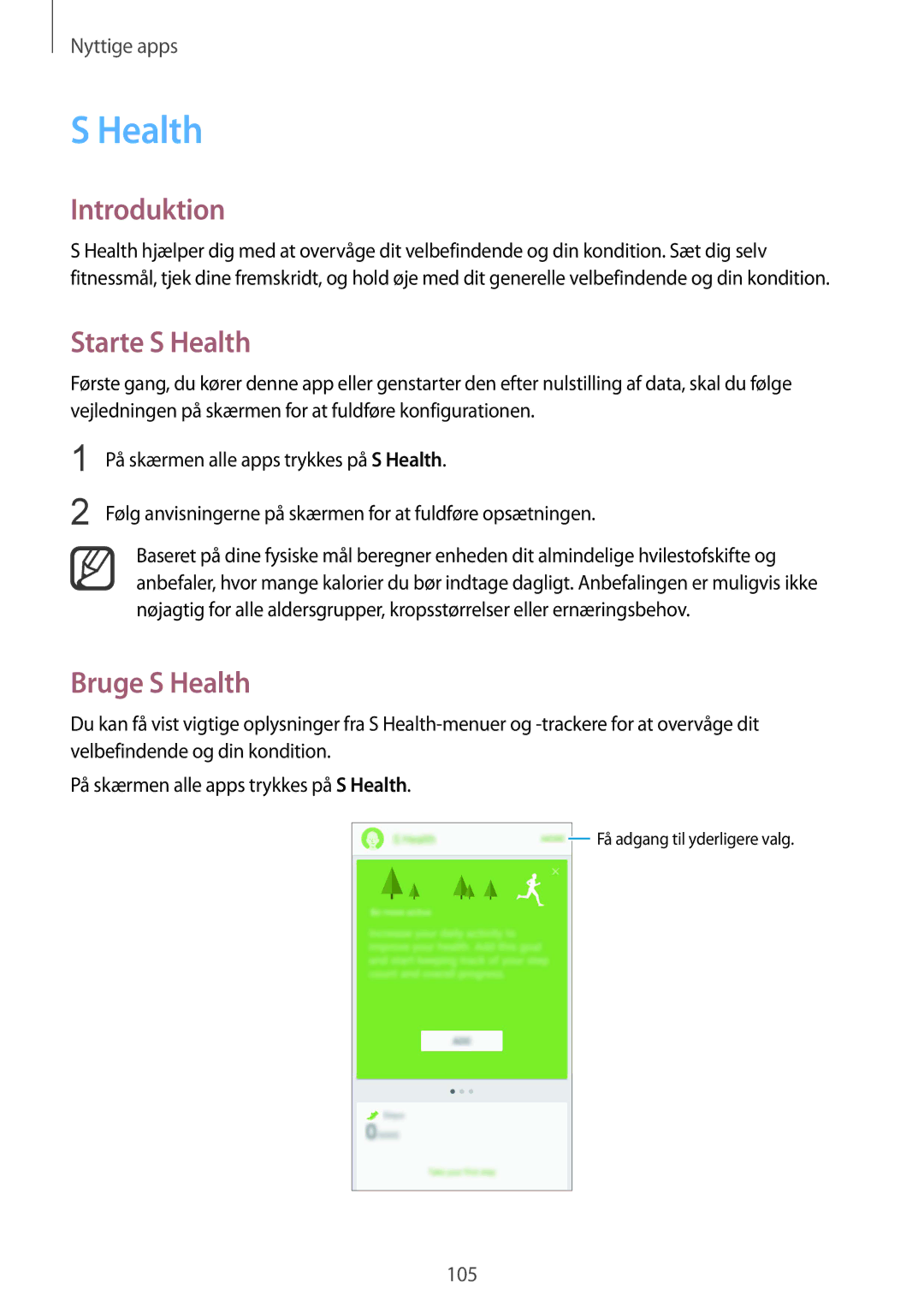 Samsung SM-N910FZDENEE, SM-N910FZWENEE, SM-N910FZIENEE, SM-N910FZKENEE manual Starte S Health, Bruge S Health 