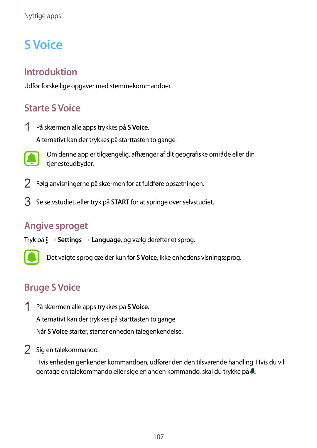 Samsung SM-N910FZKENEE, SM-N910FZWENEE, SM-N910FZDENEE, SM-N910FZIENEE Starte S Voice, Angive sproget, Bruge S Voice 