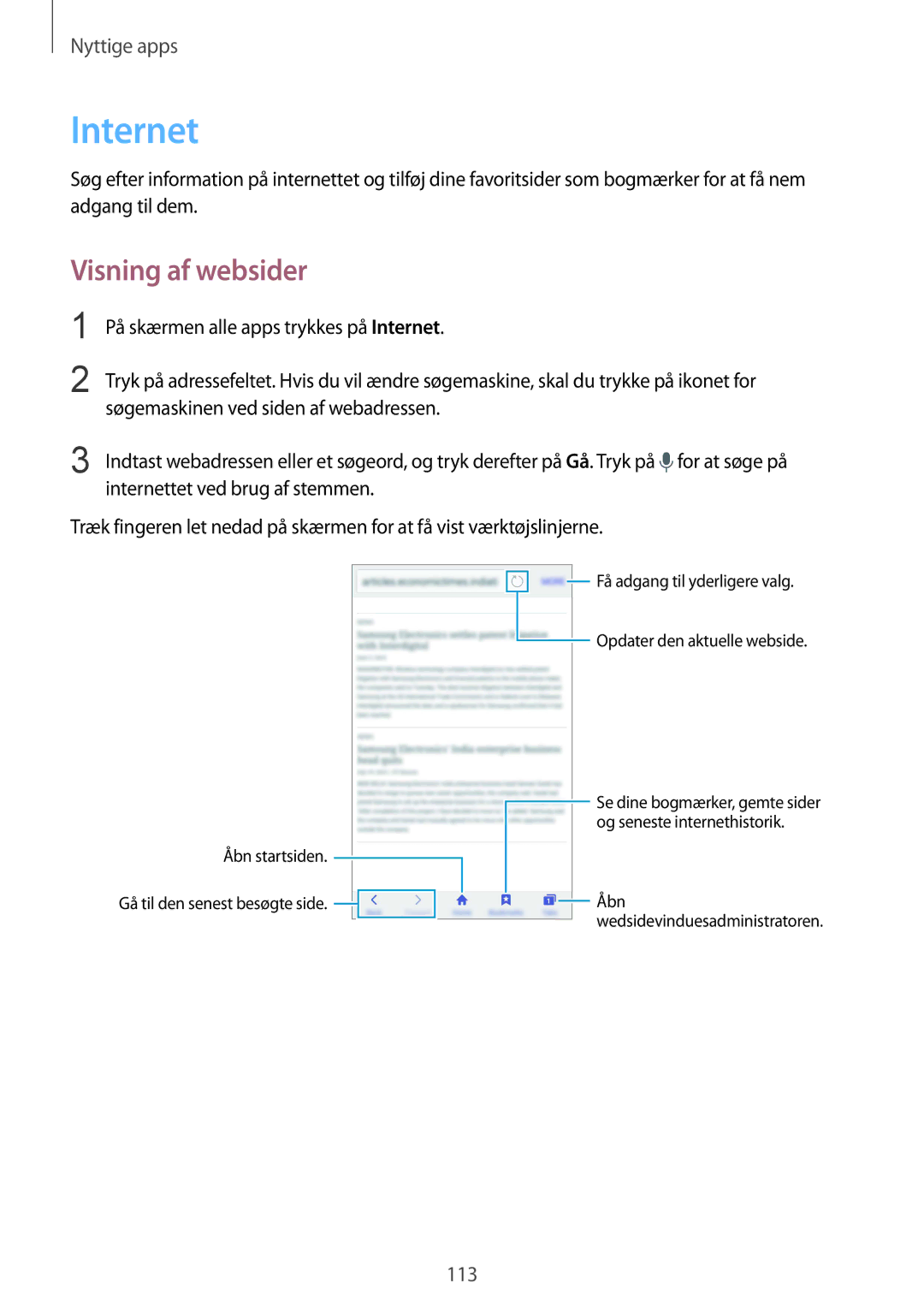 Samsung SM-N910FZDENEE, SM-N910FZWENEE, SM-N910FZIENEE, SM-N910FZKENEE manual Internet, Visning af websider 