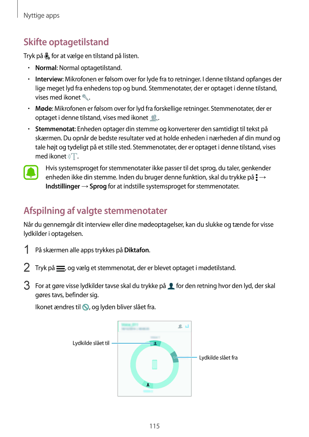 Samsung SM-N910FZKENEE, SM-N910FZWENEE, SM-N910FZDENEE manual Skifte optagetilstand, Afspilning af valgte stemmenotater 