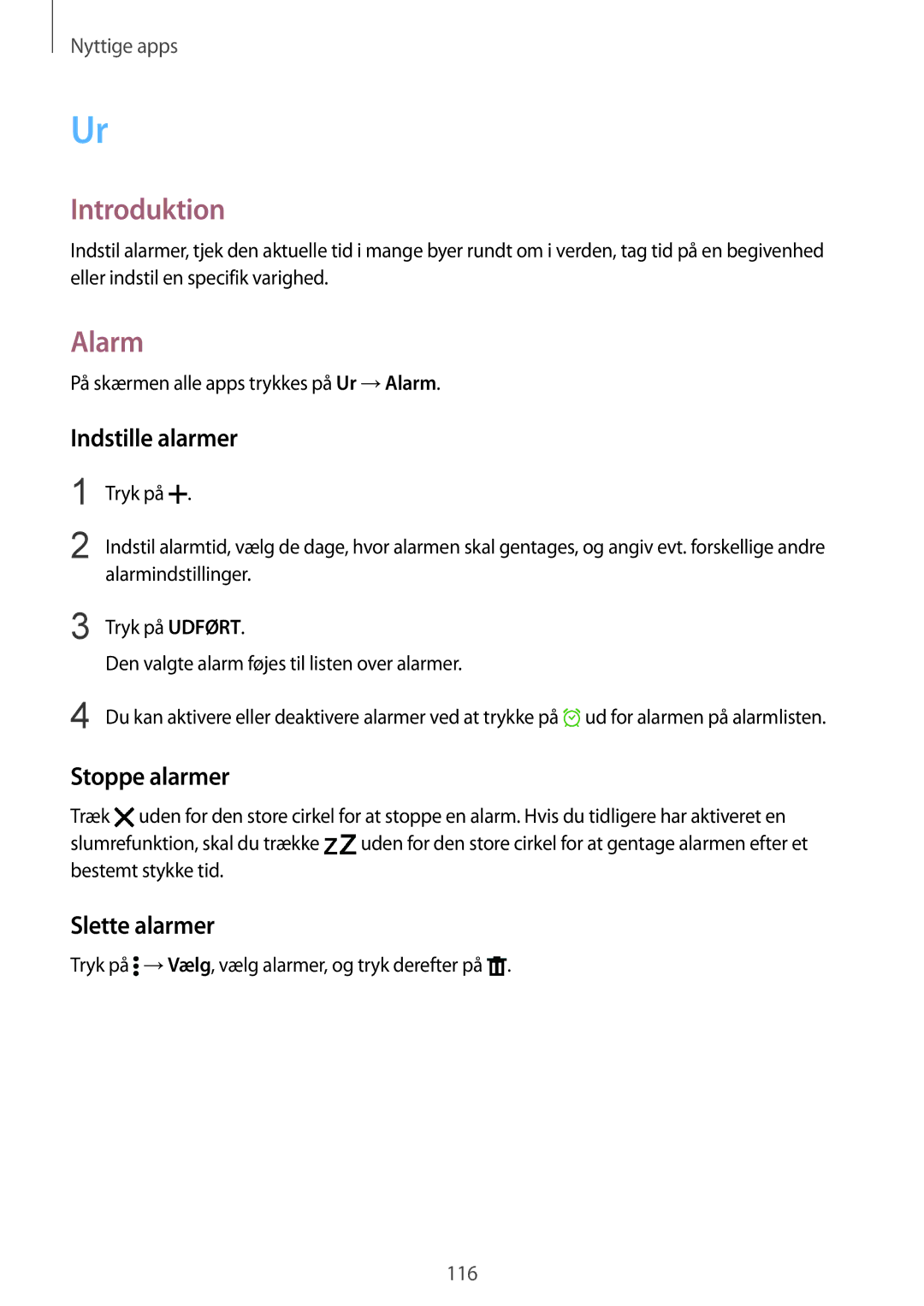 Samsung SM-N910FZWENEE, SM-N910FZDENEE, SM-N910FZIENEE manual Alarm, Indstille alarmer, Stoppe alarmer, Slette alarmer 