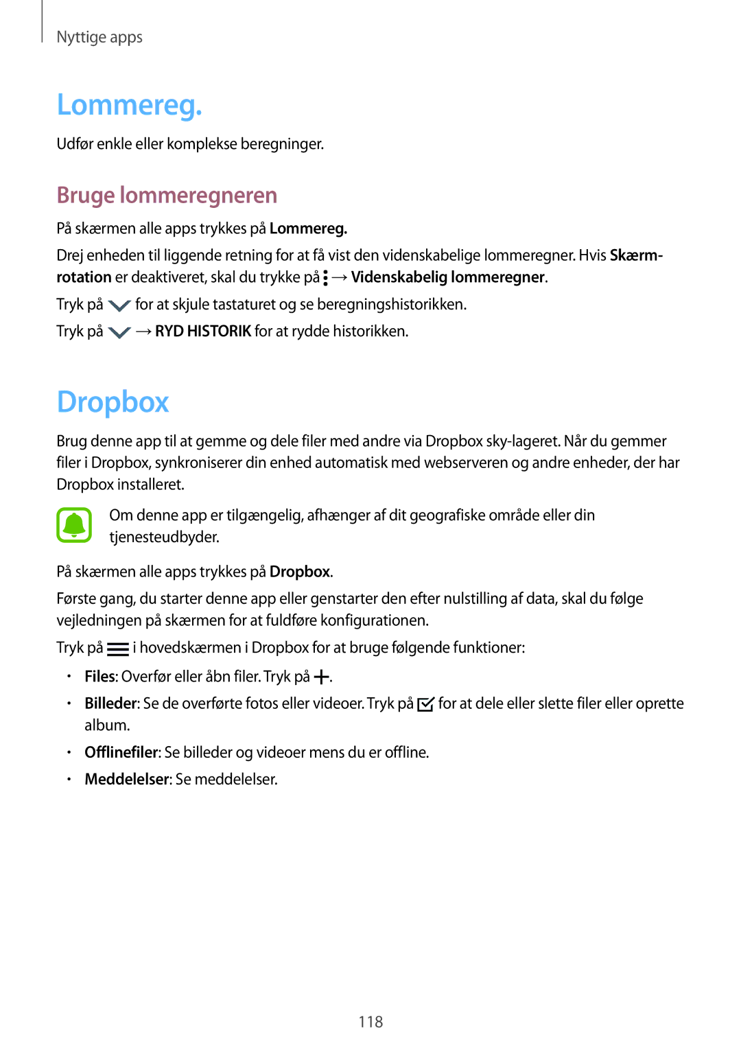 Samsung SM-N910FZIENEE, SM-N910FZWENEE, SM-N910FZDENEE, SM-N910FZKENEE manual Lommereg, Dropbox, Bruge lommeregneren 