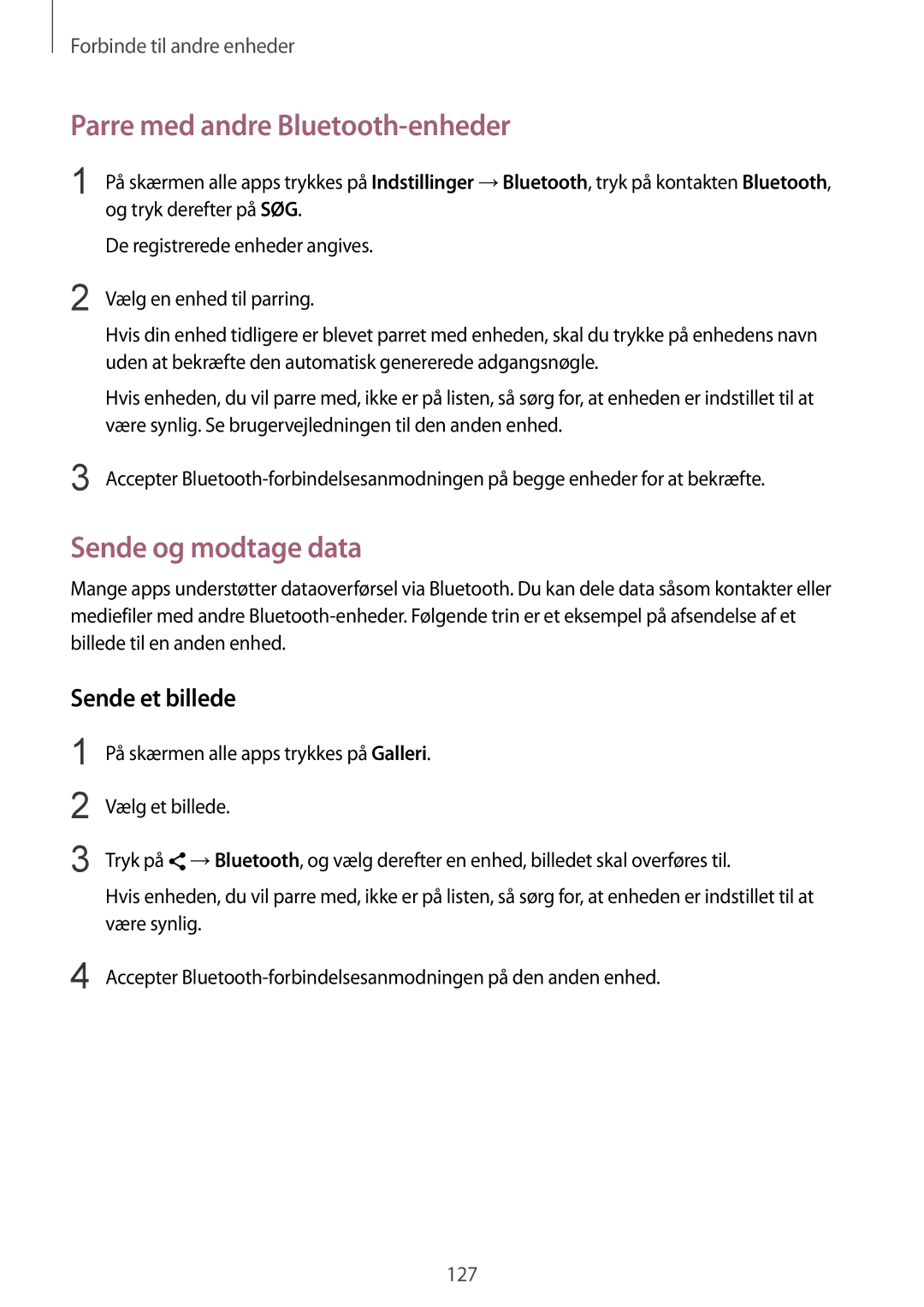 Samsung SM-N910FZKENEE, SM-N910FZWENEE manual Parre med andre Bluetooth-enheder, Sende og modtage data, Sende et billede 