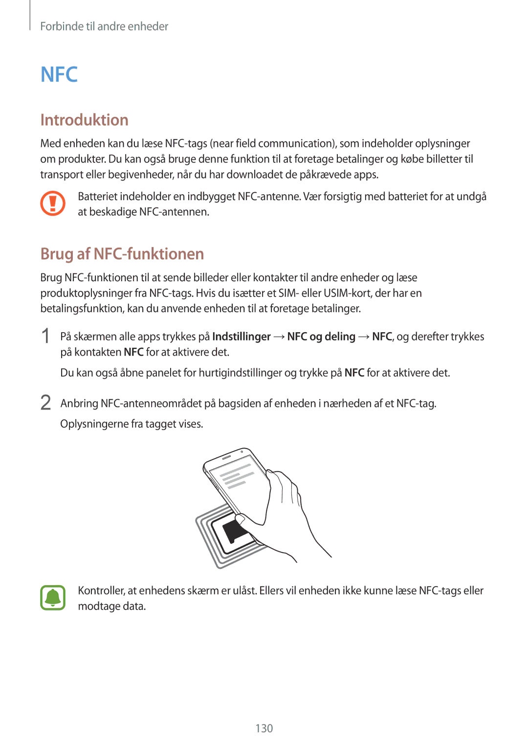 Samsung SM-N910FZIENEE, SM-N910FZWENEE, SM-N910FZDENEE, SM-N910FZKENEE manual Nfc, Brug af NFC-funktionen 