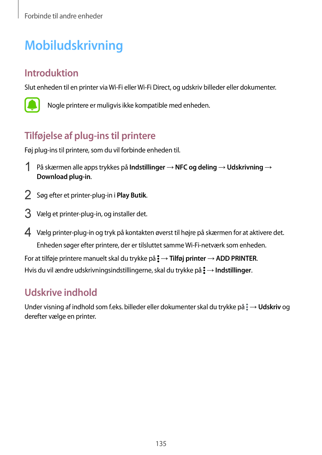 Samsung SM-N910FZKENEE manual Mobiludskrivning, Tilføjelse af plug-ins til printere, Udskrive indhold, Download plug-in 