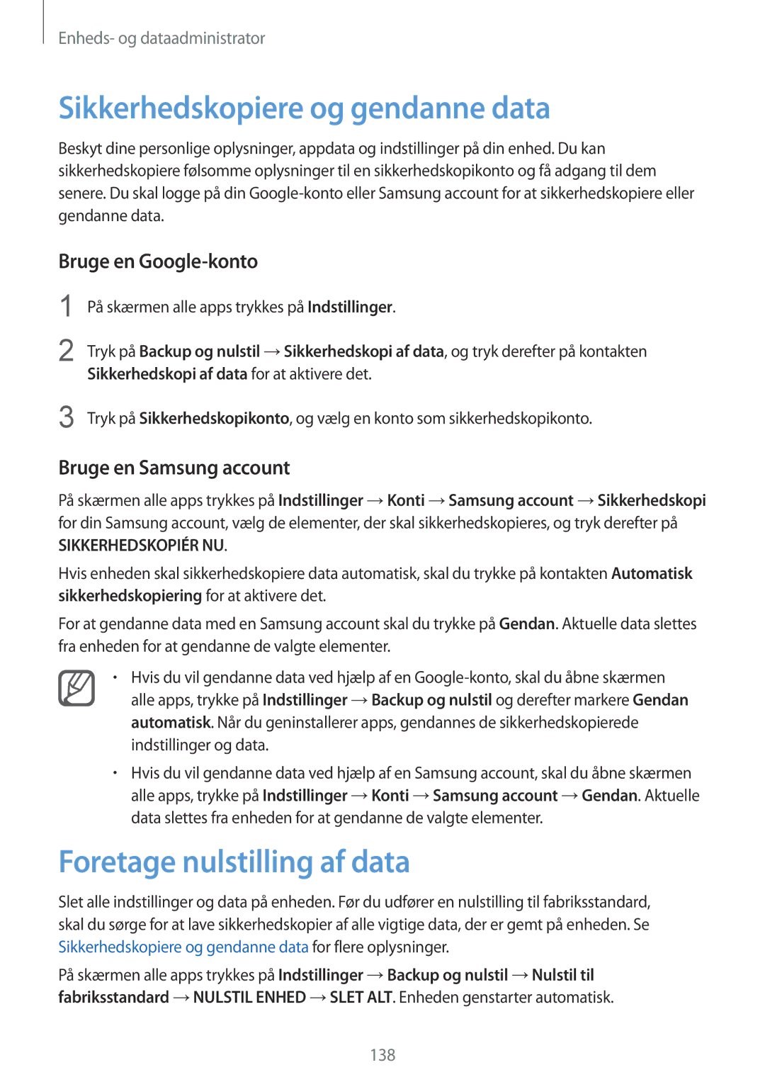 Samsung SM-N910FZIENEE manual Sikkerhedskopiere og gendanne data, Foretage nulstilling af data, Bruge en Google-konto 