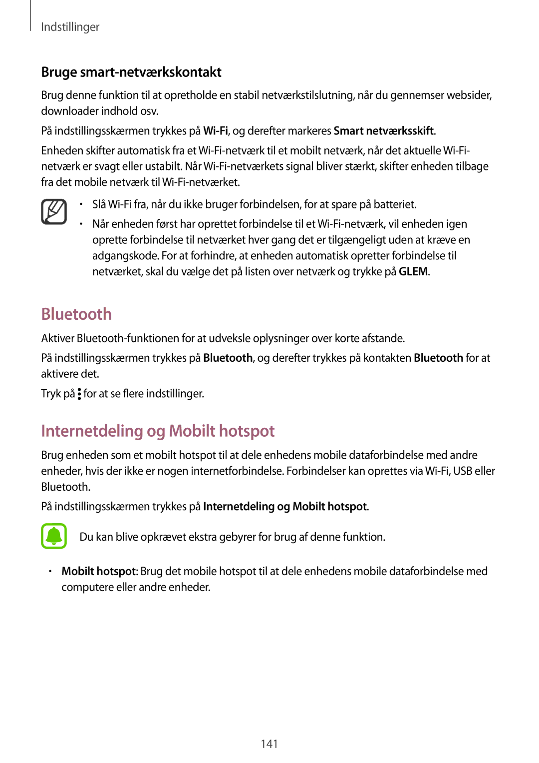 Samsung SM-N910FZDENEE, SM-N910FZWENEE manual Bluetooth, Internetdeling og Mobilt hotspot, Bruge smart-netværkskontakt 