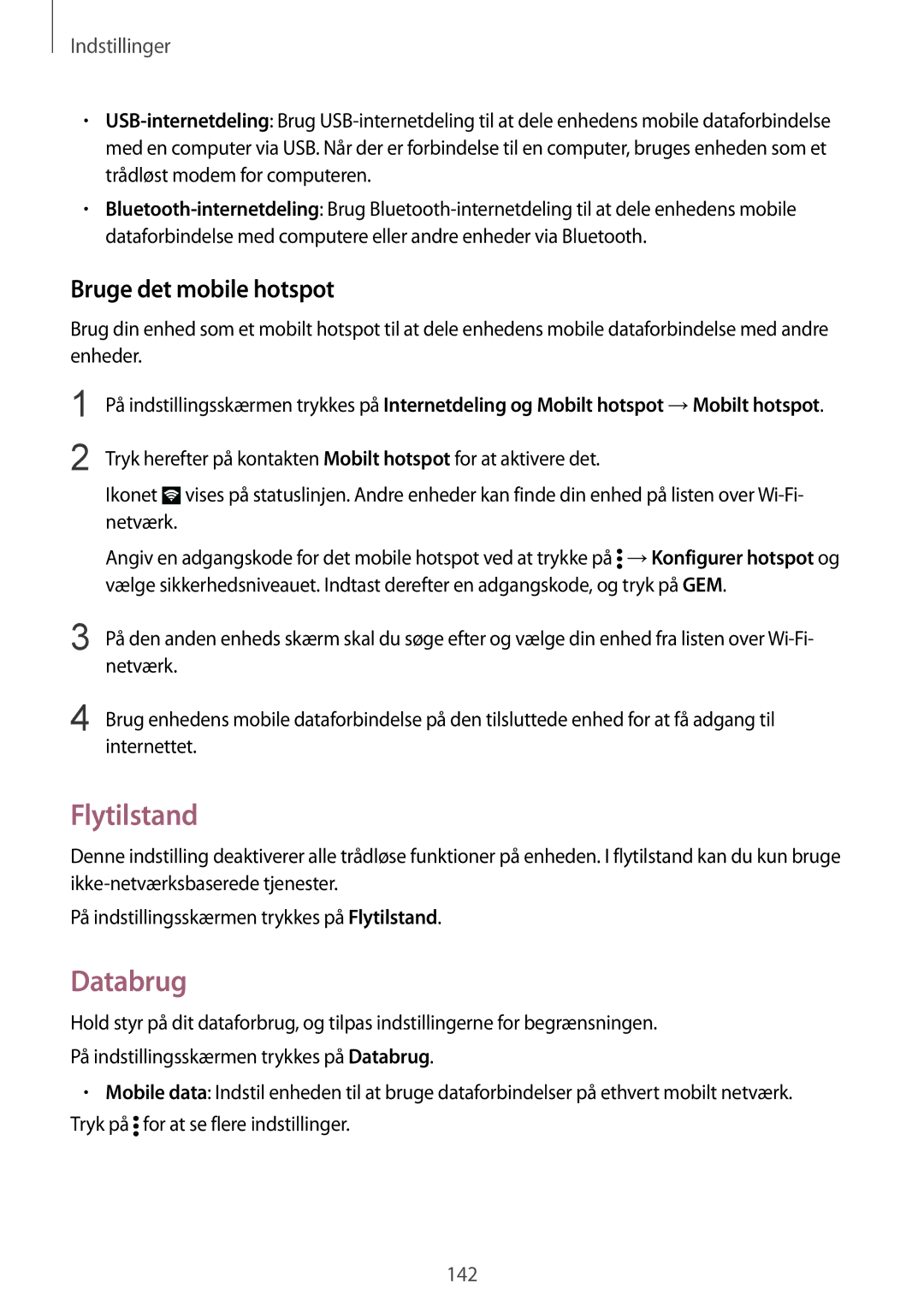 Samsung SM-N910FZIENEE, SM-N910FZWENEE, SM-N910FZDENEE, SM-N910FZKENEE manual Flytilstand, Databrug, Bruge det mobile hotspot 