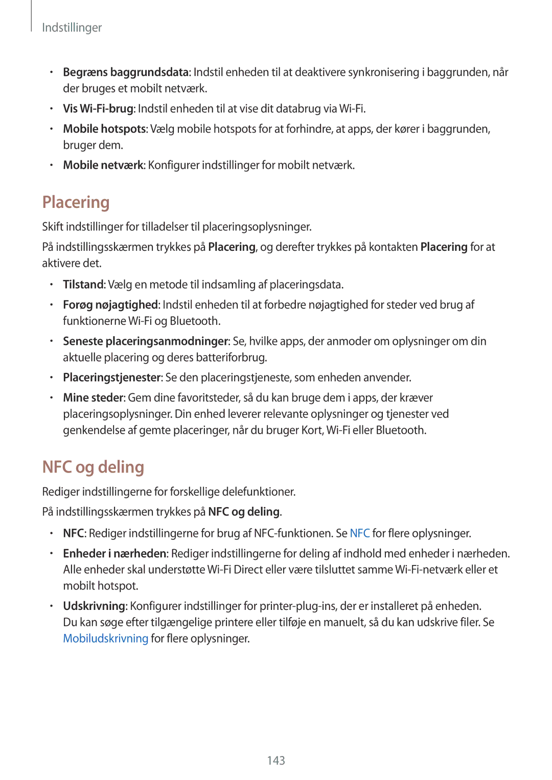 Samsung SM-N910FZKENEE, SM-N910FZWENEE, SM-N910FZDENEE, SM-N910FZIENEE manual Placering, NFC og deling 