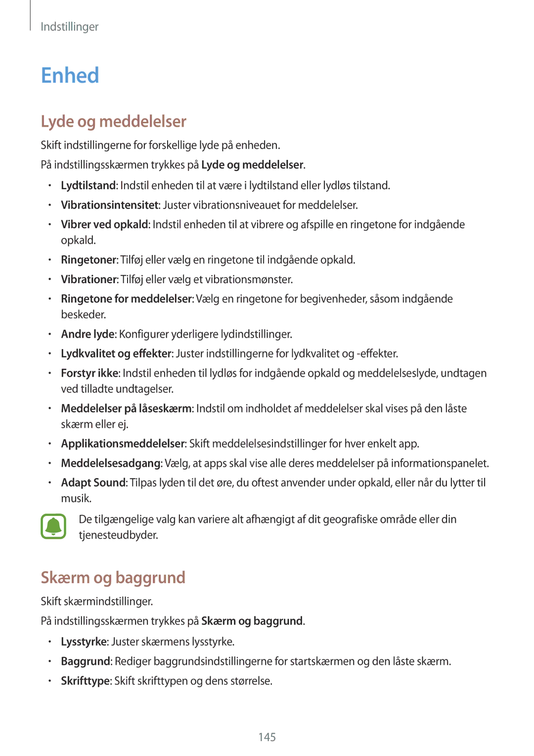 Samsung SM-N910FZDENEE, SM-N910FZWENEE, SM-N910FZIENEE, SM-N910FZKENEE manual Enhed, Lyde og meddelelser, Skærm og baggrund 