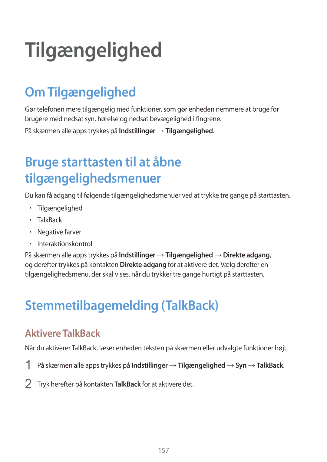 Samsung SM-N910FZDENEE, SM-N910FZWENEE manual Om Tilgængelighed, Stemmetilbagemelding TalkBack, Aktivere TalkBack 