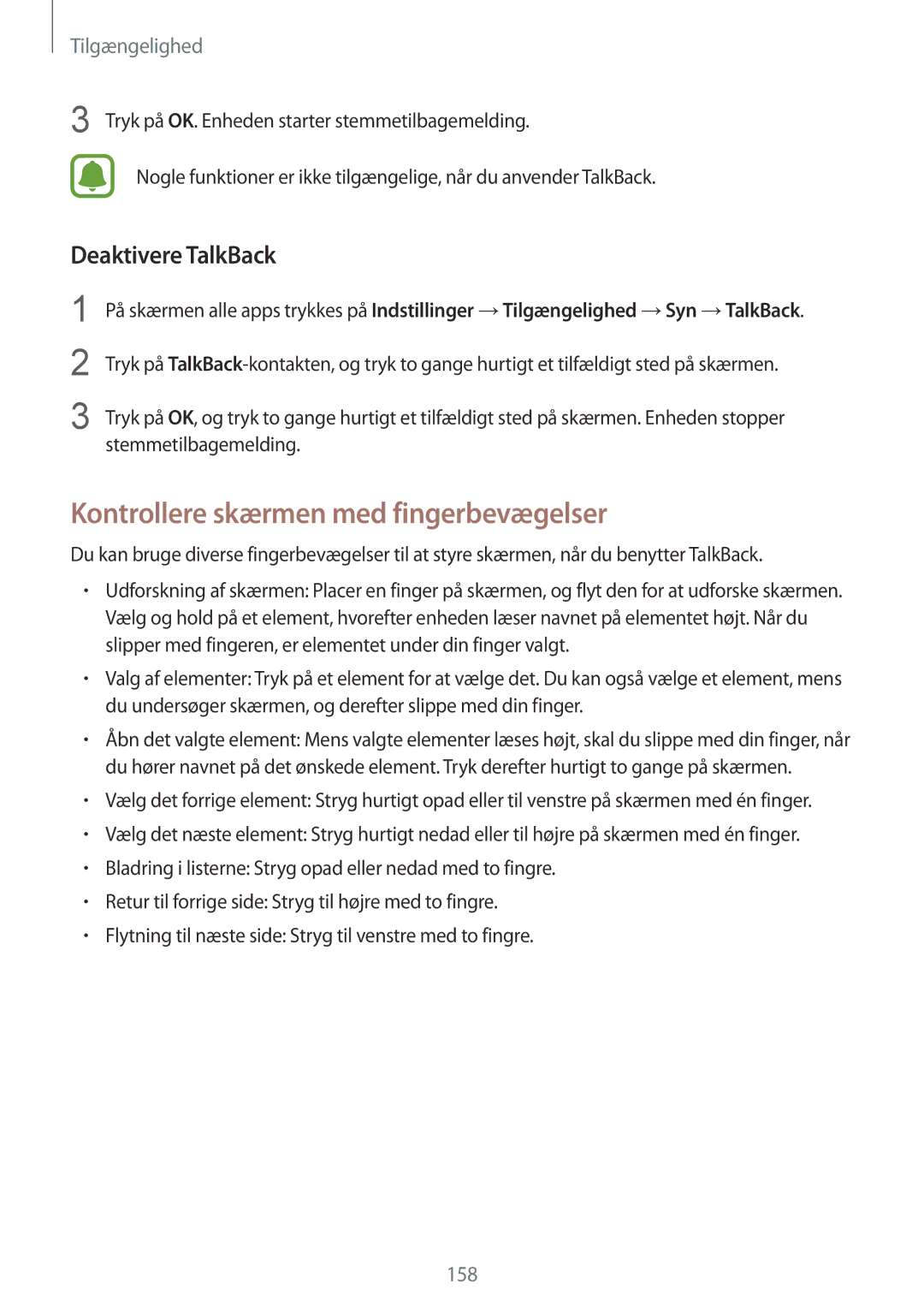 Samsung SM-N910FZIENEE, SM-N910FZWENEE, SM-N910FZDENEE manual Kontrollere skærmen med fingerbevægelser, Deaktivere TalkBack 