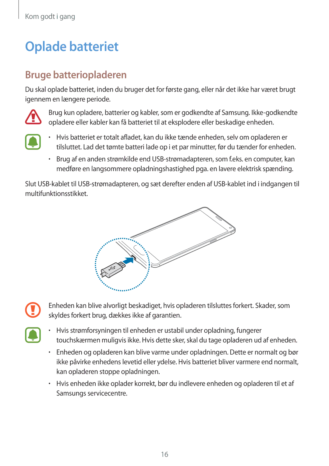 Samsung SM-N910FZWENEE, SM-N910FZDENEE, SM-N910FZIENEE, SM-N910FZKENEE manual Oplade batteriet, Bruge batteriopladeren 