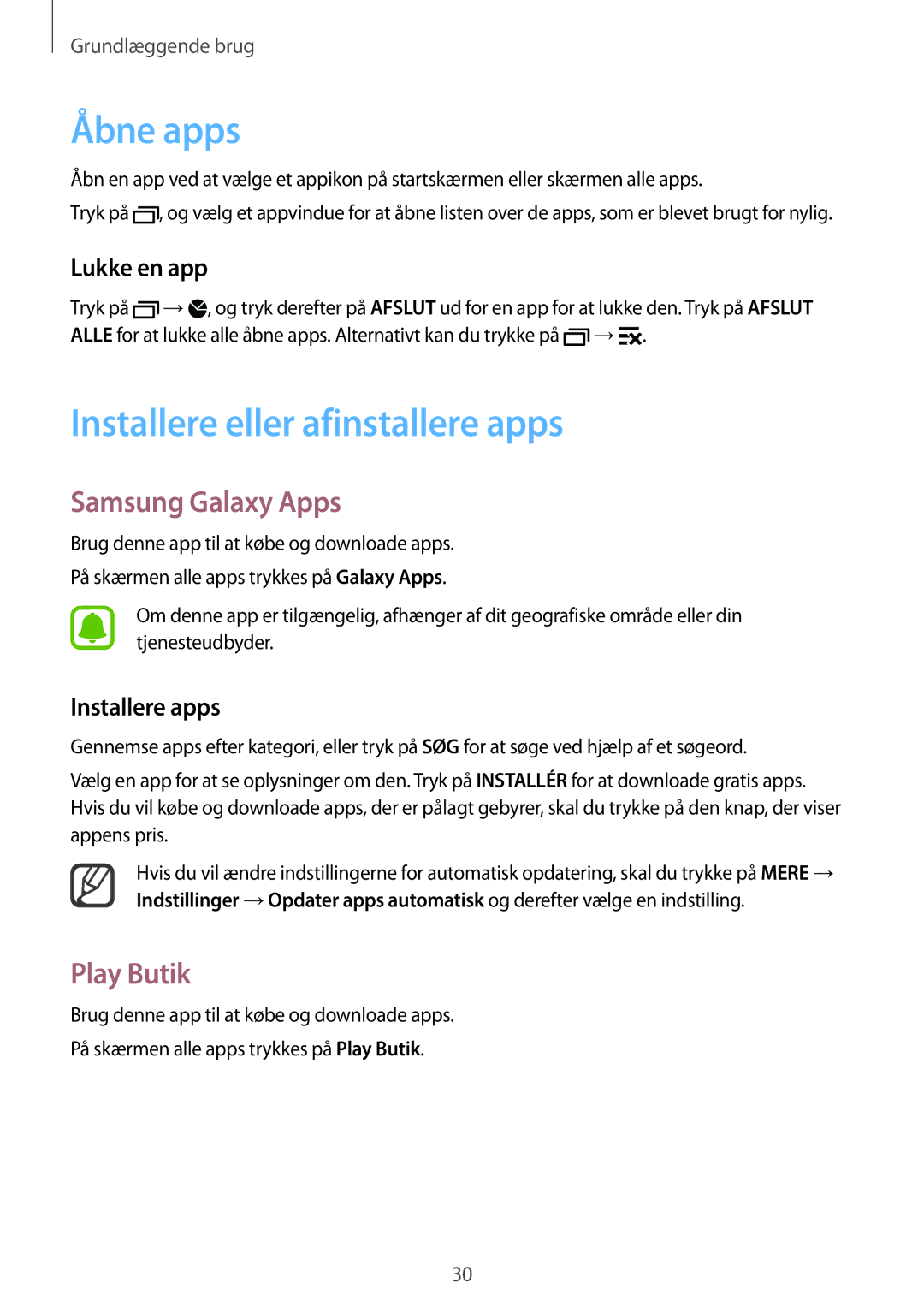 Samsung SM-N910FZIENEE, SM-N910FZWENEE manual Åbne apps, Installere eller afinstallere apps, Samsung Galaxy Apps, Play Butik 