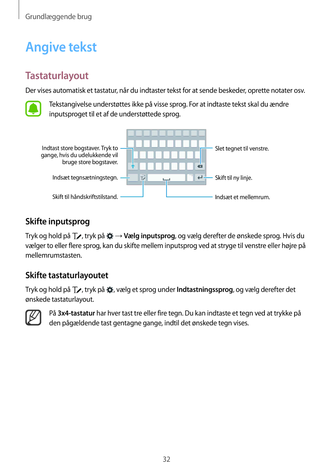 Samsung SM-N910FZWENEE, SM-N910FZDENEE manual Angive tekst, Tastaturlayout, Skifte inputsprog, Skifte tastaturlayoutet 