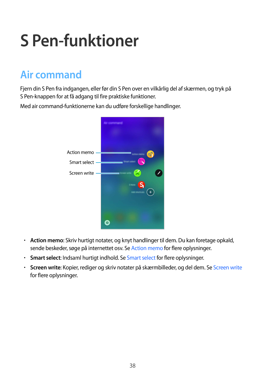 Samsung SM-N910FZIENEE, SM-N910FZWENEE, SM-N910FZDENEE, SM-N910FZKENEE manual Pen-funktioner, Air command 