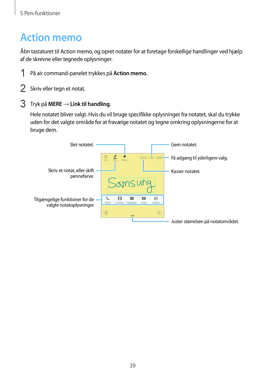 Samsung SM-N910FZKENEE, SM-N910FZWENEE, SM-N910FZDENEE, SM-N910FZIENEE manual Action memo, Tryk på Mere →Link til handling 