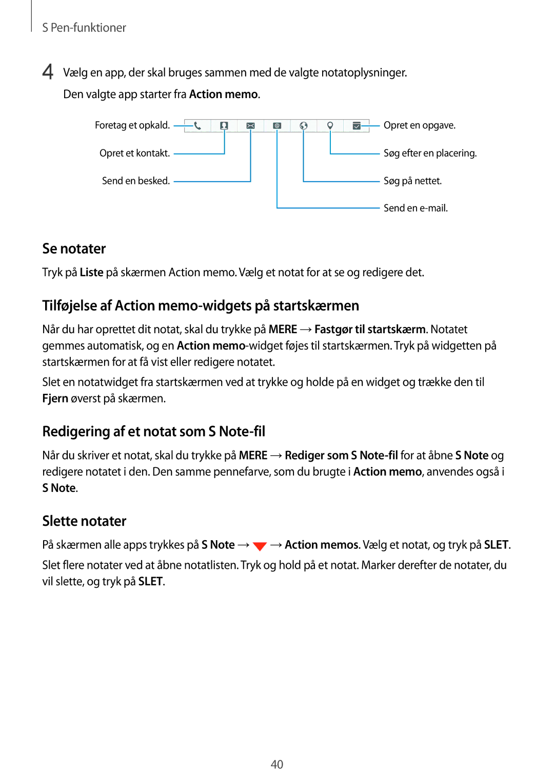 Samsung SM-N910FZWENEE, SM-N910FZDENEE manual Se notater, Tilføjelse af Action memo-widgets på startskærmen, Slette notater 