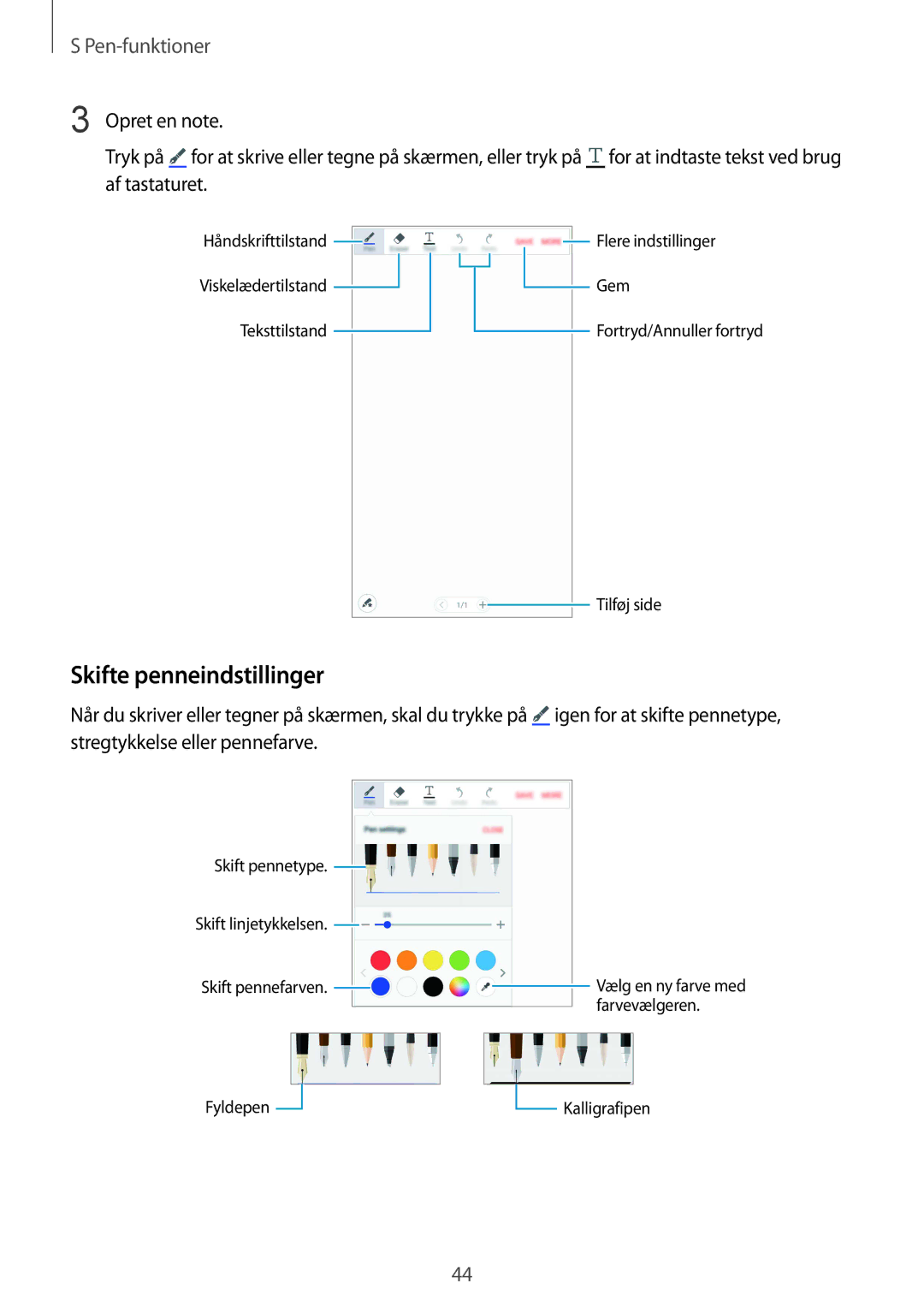 Samsung SM-N910FZWENEE, SM-N910FZDENEE, SM-N910FZIENEE, SM-N910FZKENEE manual Skifte penneindstillinger 