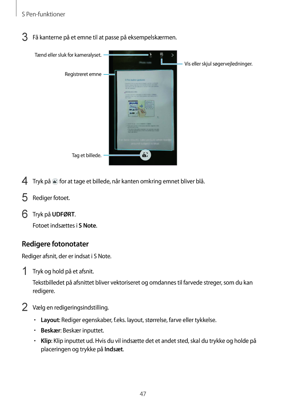 Samsung SM-N910FZKENEE, SM-N910FZWENEE manual Redigere fotonotater, Få kanterne på et emne til at passe på eksempelskærmen 