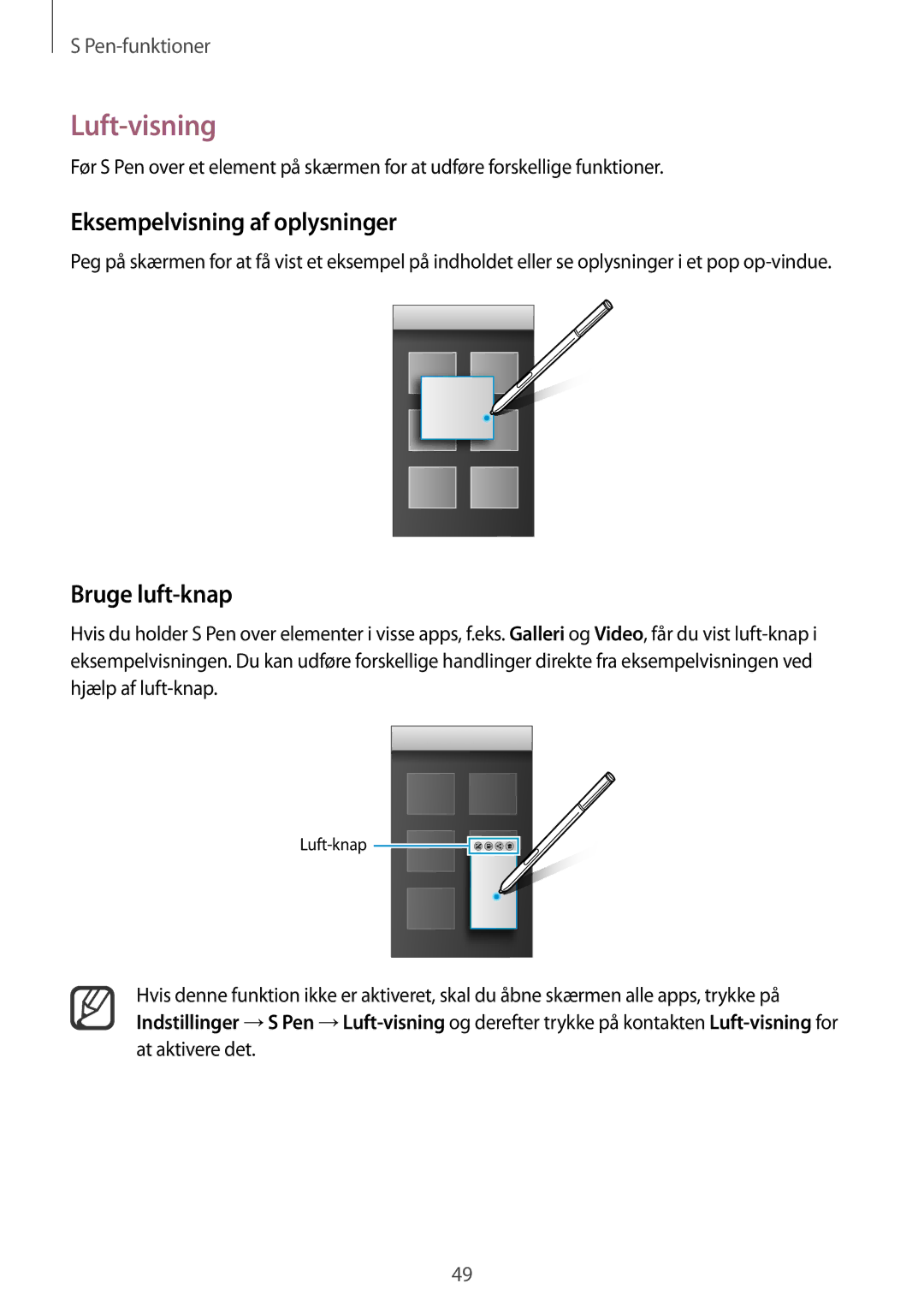 Samsung SM-N910FZDENEE, SM-N910FZWENEE, SM-N910FZIENEE manual Luft-visning, Eksempelvisning af oplysninger, Bruge luft-knap 