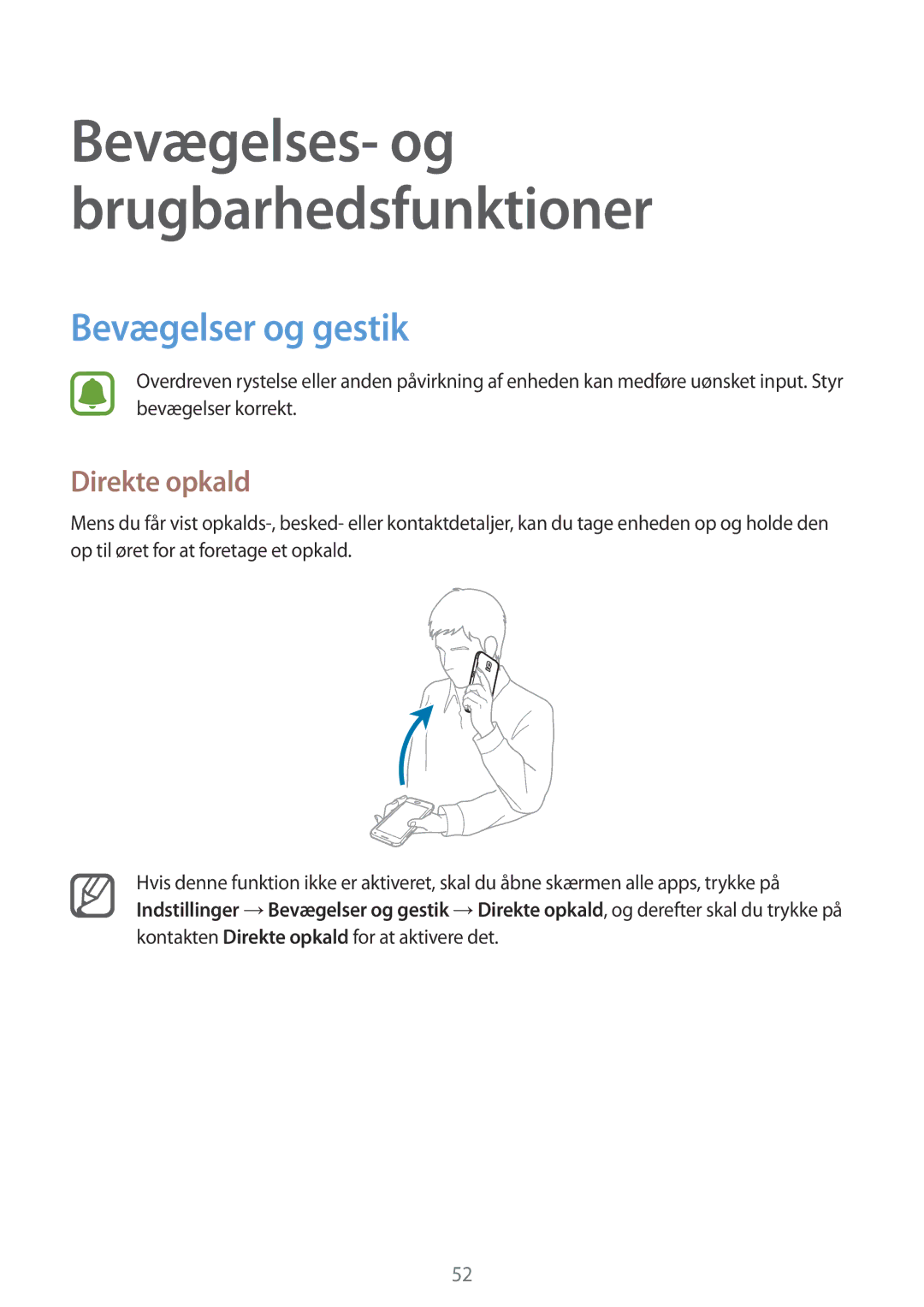 Samsung SM-N910FZWENEE, SM-N910FZDENEE, SM-N910FZIENEE, SM-N910FZKENEE manual Bevægelser og gestik, Direkte opkald 