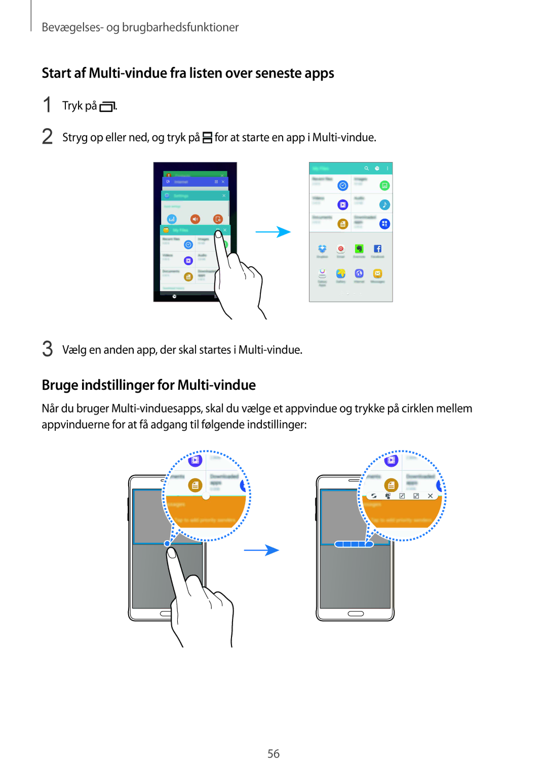 Samsung SM-N910FZWENEE manual Start af Multi-vindue fra listen over seneste apps, Bruge indstillinger for Multi-vindue 