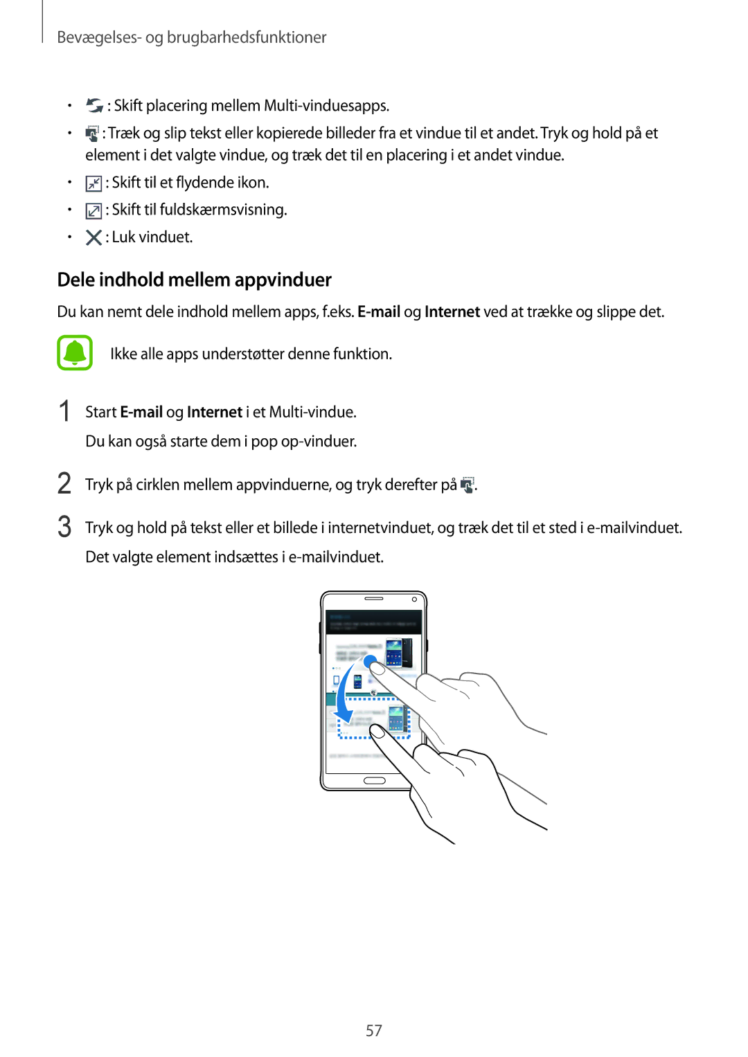 Samsung SM-N910FZDENEE, SM-N910FZWENEE manual Dele indhold mellem appvinduer, Skift placering mellem Multi-vinduesapps 
