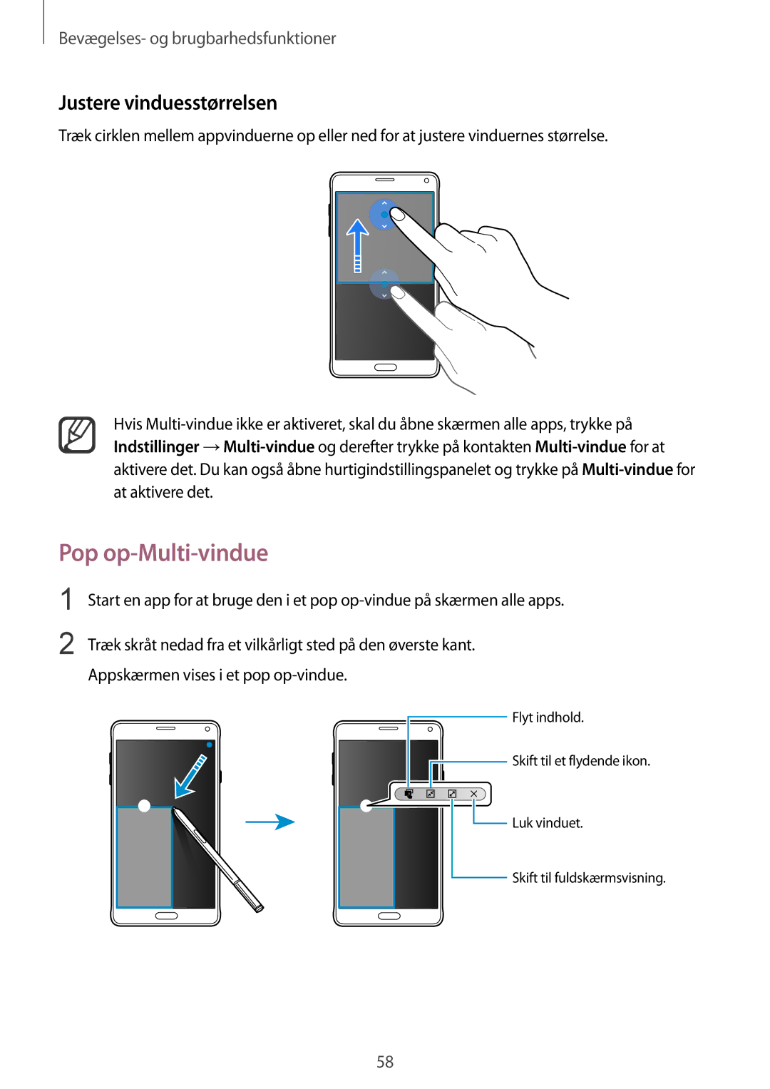 Samsung SM-N910FZIENEE, SM-N910FZWENEE, SM-N910FZDENEE, SM-N910FZKENEE manual Pop op-Multi-vindue, Justere vinduesstørrelsen 