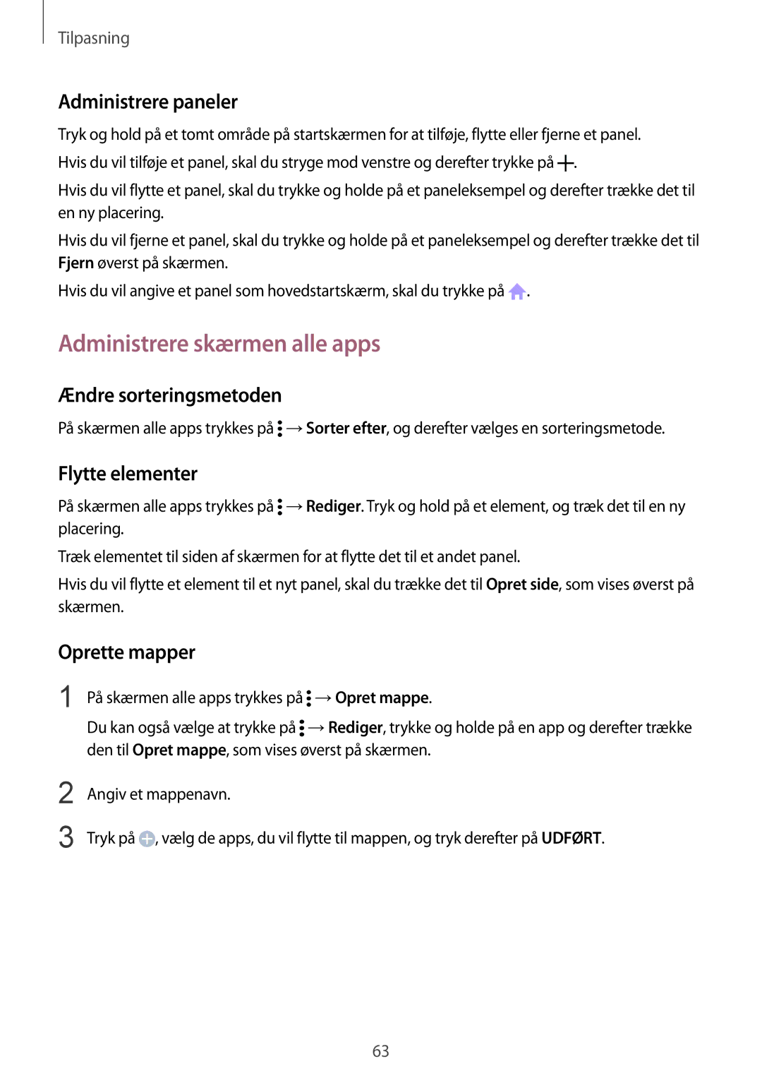 Samsung SM-N910FZKENEE Administrere skærmen alle apps, Administrere paneler, Ændre sorteringsmetoden, Flytte elementer 