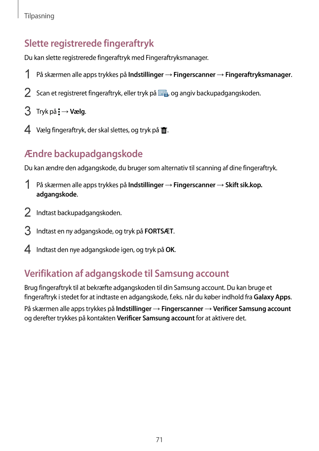 Samsung SM-N910FZKENEE, SM-N910FZWENEE manual Slette registrerede fingeraftryk, Ændre backupadgangskode, Adgangskode 