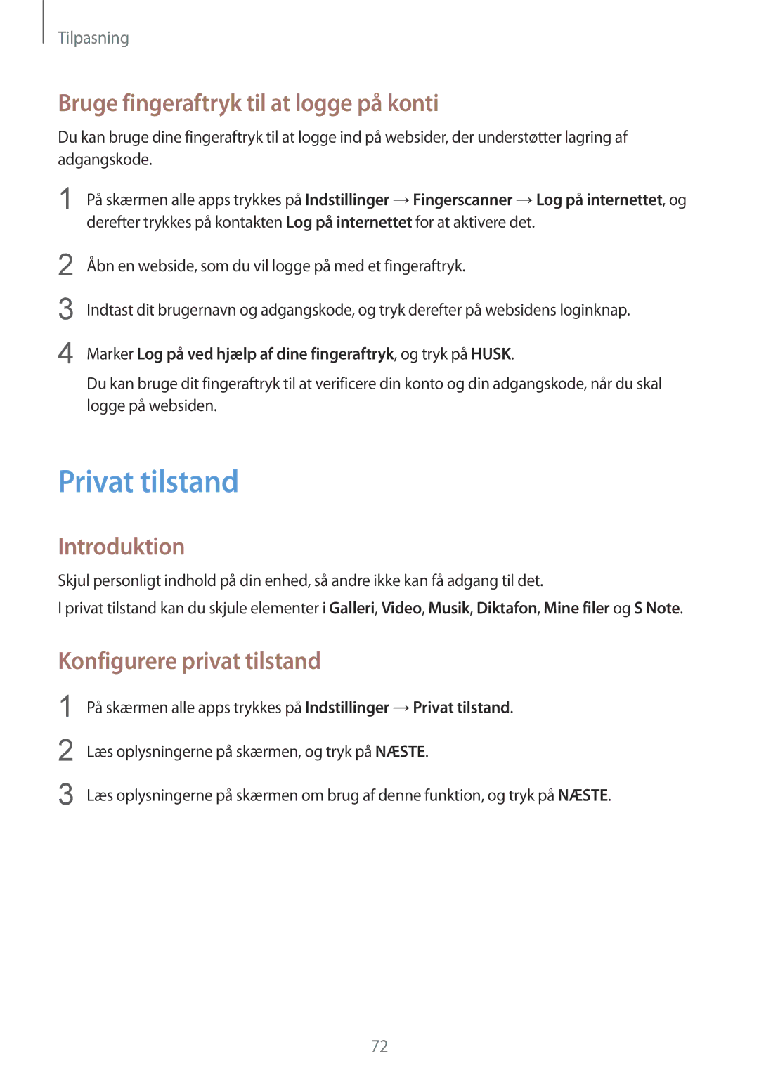 Samsung SM-N910FZWENEE manual Privat tilstand, Bruge fingeraftryk til at logge på konti, Konfigurere privat tilstand 