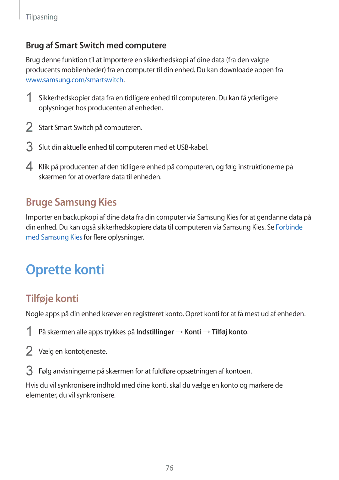 Samsung SM-N910FZWENEE manual Oprette konti, Bruge Samsung Kies, Tilføje konti, Brug af Smart Switch med computere 