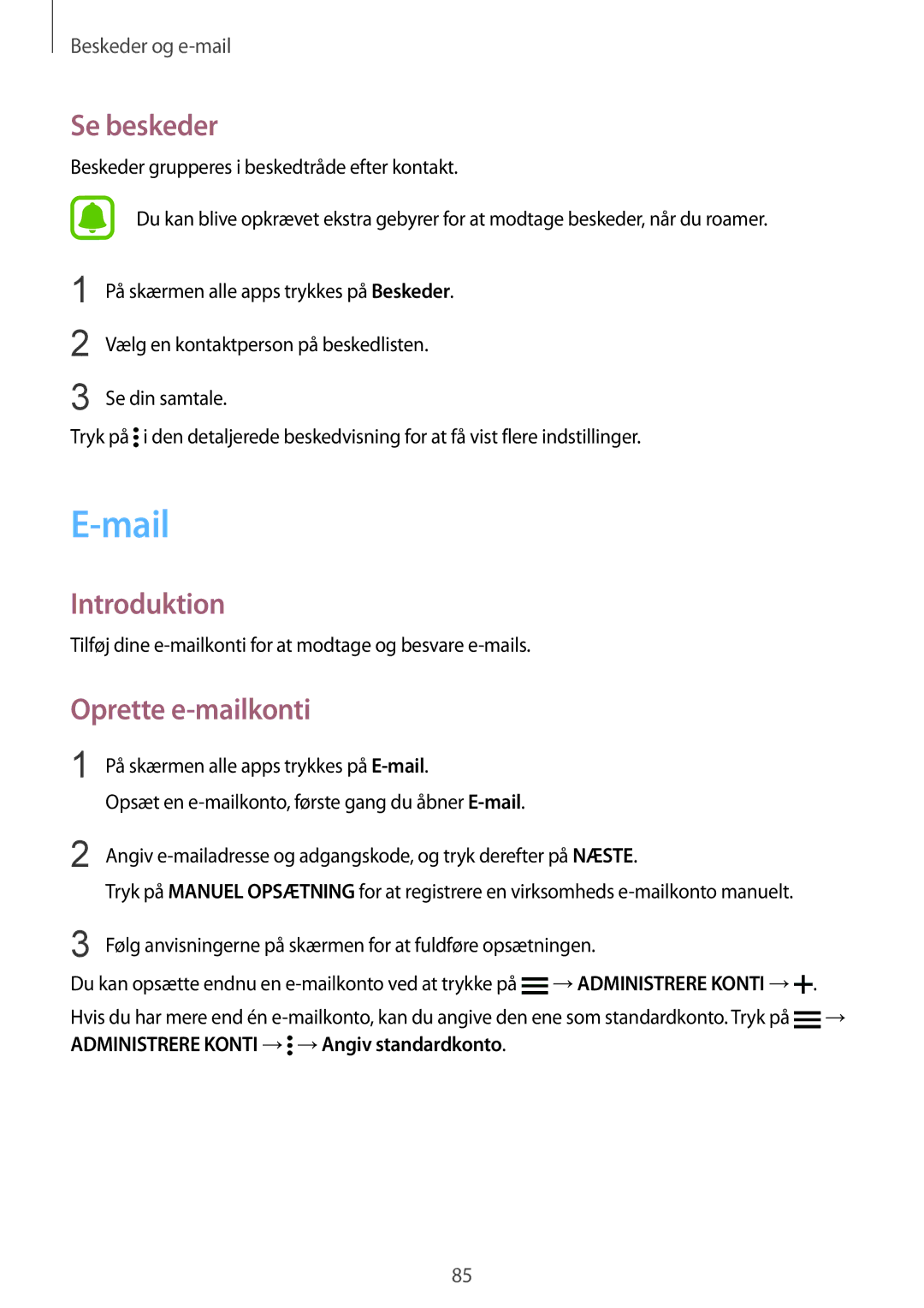 Samsung SM-N910FZDENEE, SM-N910FZWENEE, SM-N910FZIENEE, SM-N910FZKENEE manual Mail, Se beskeder, Oprette e-mailkonti 