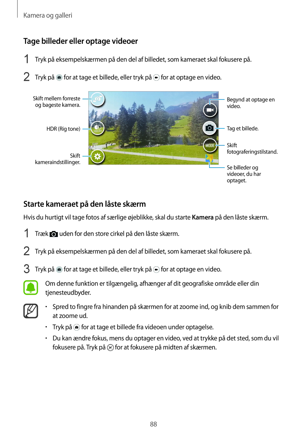 Samsung SM-N910FZWENEE, SM-N910FZDENEE manual Tage billeder eller optage videoer, Starte kameraet på den låste skærm 